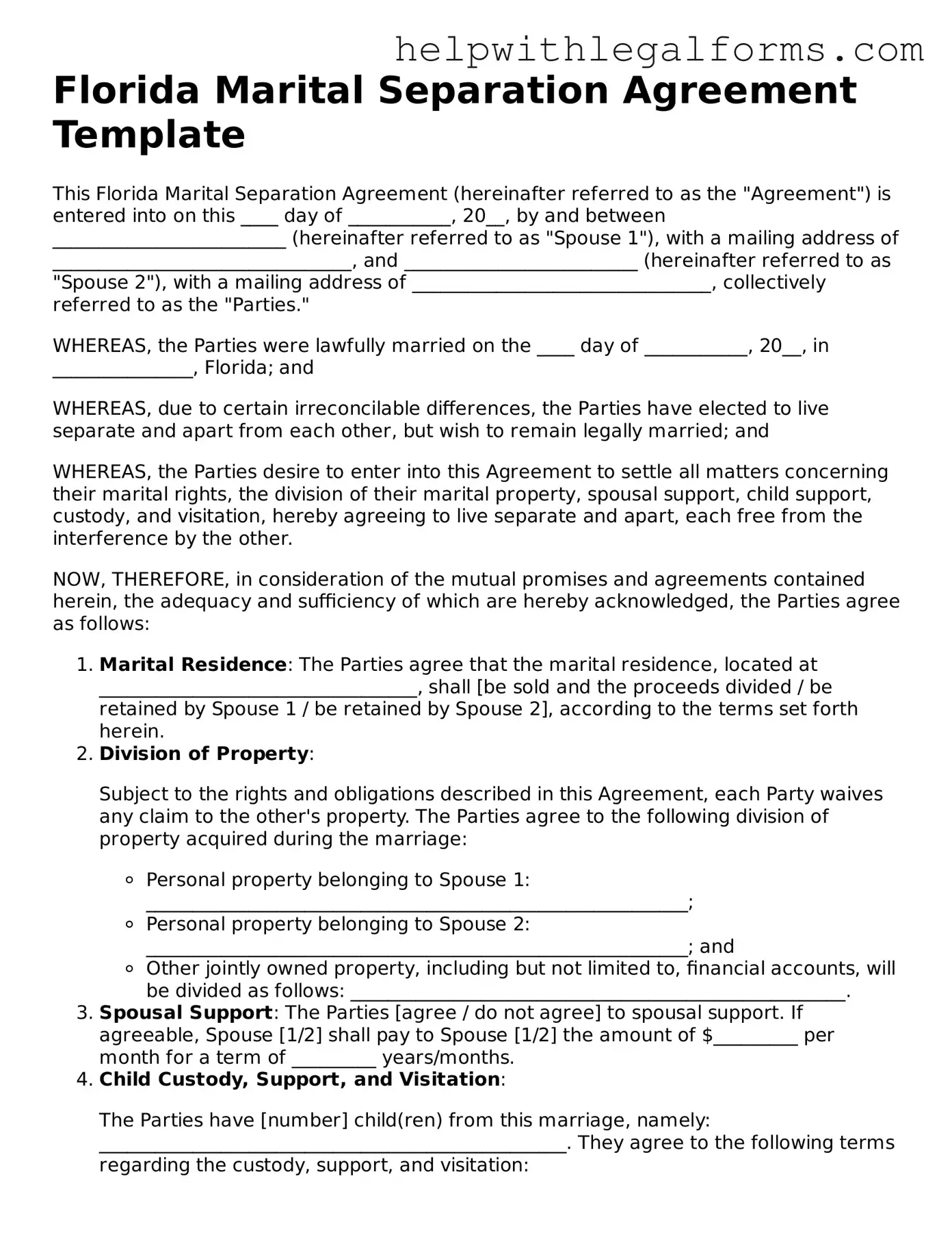 Blank  Marital Separation Agreement Form for Florida