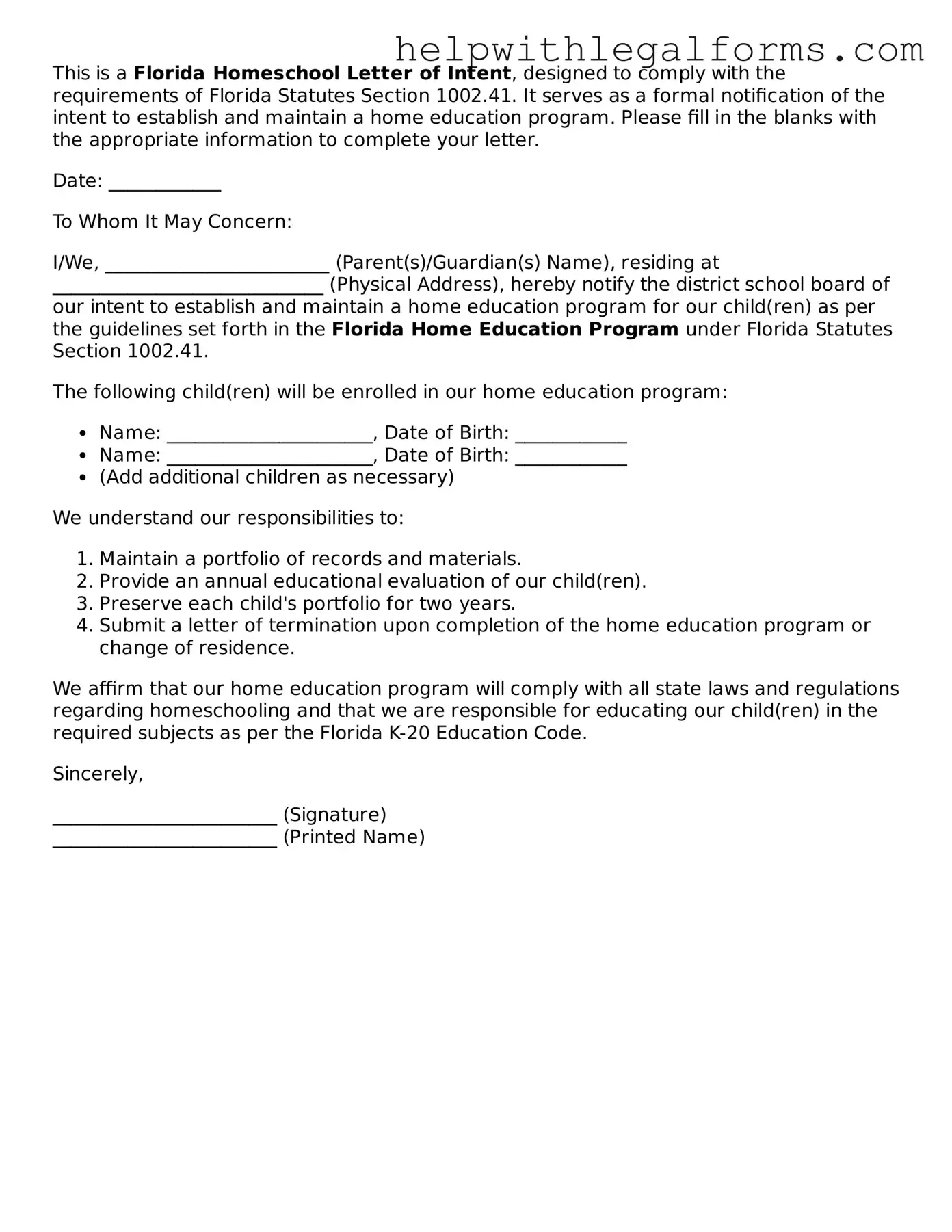 Blank  Homeschool Letter of Intent Form for Florida