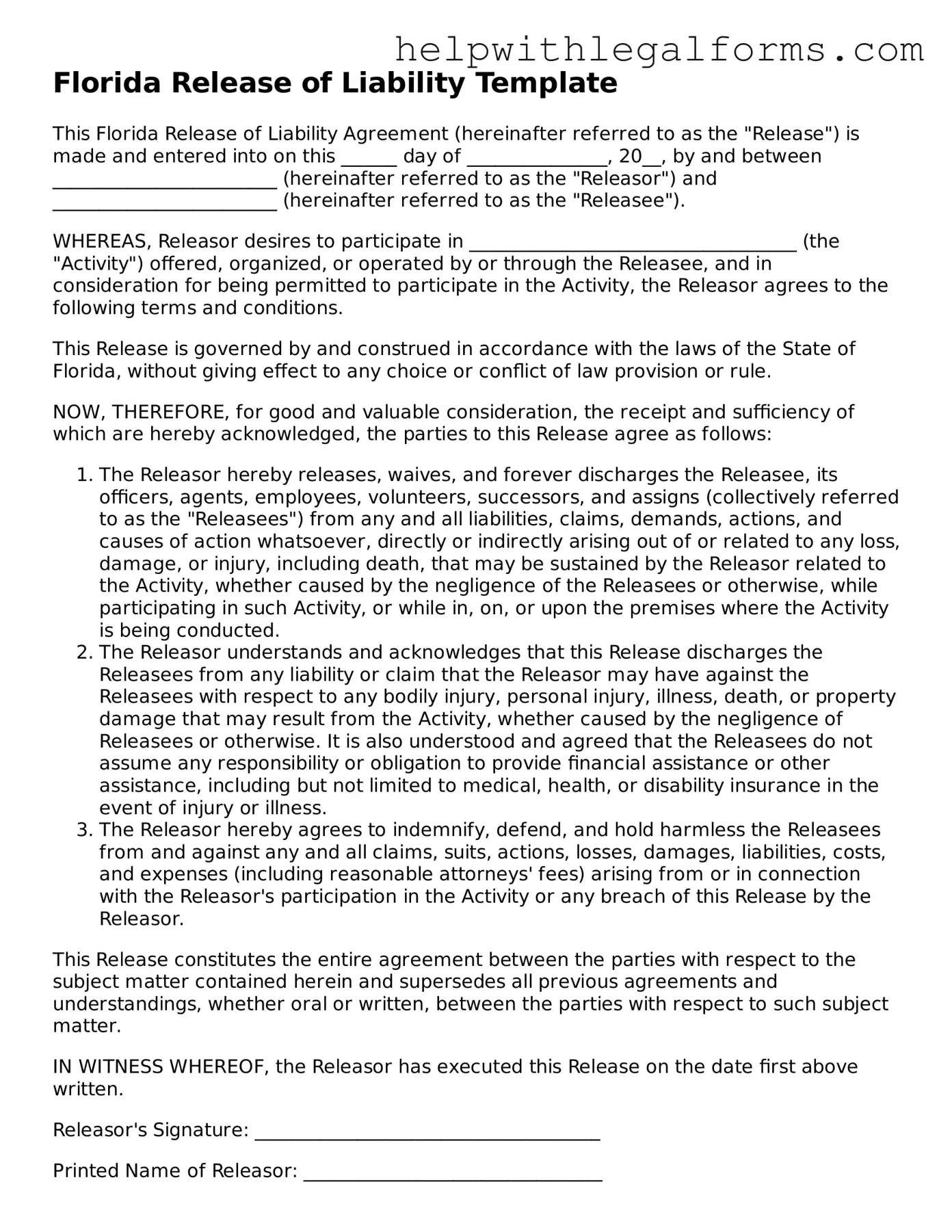 Blank  Release of Liability Form for Florida