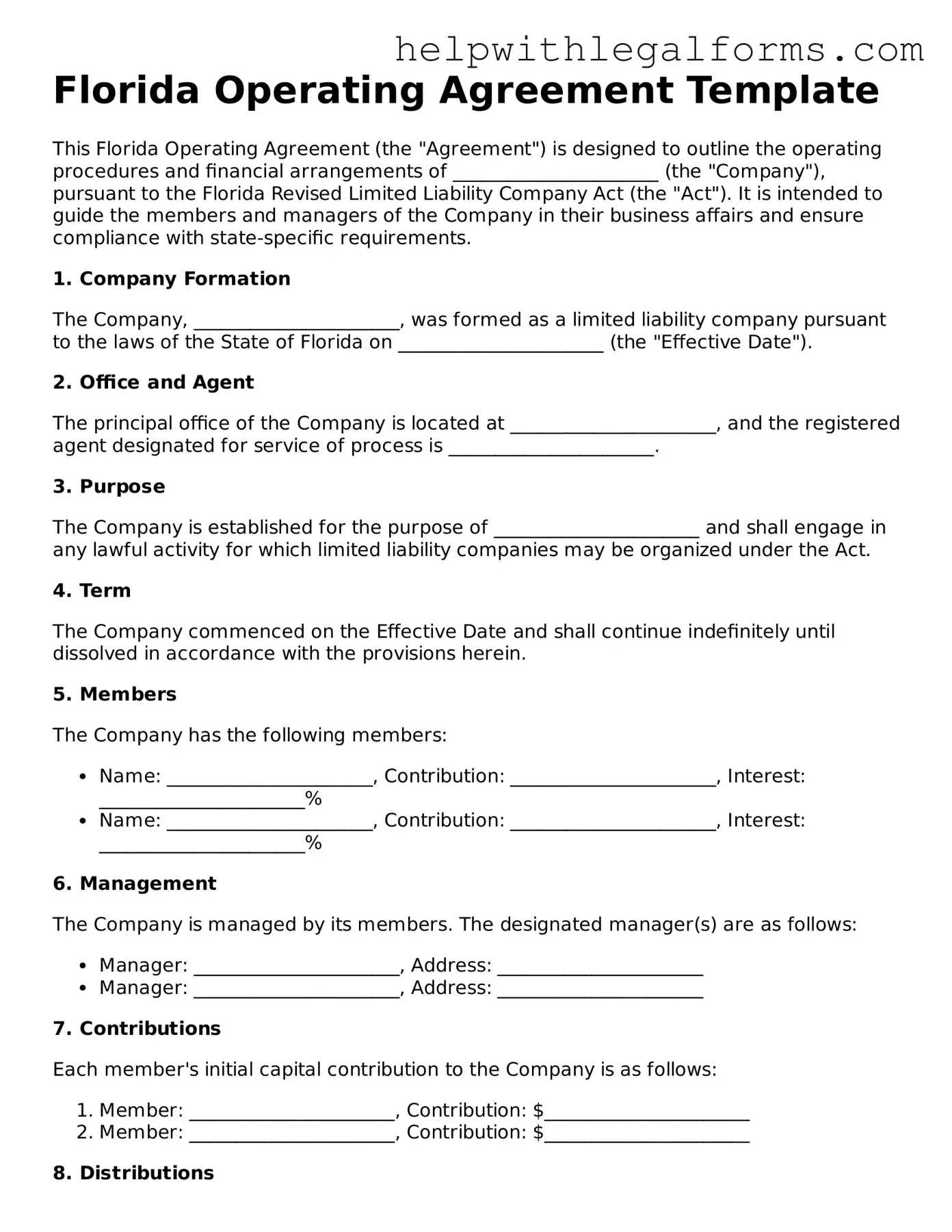 Blank  Operating Agreement Form for Florida