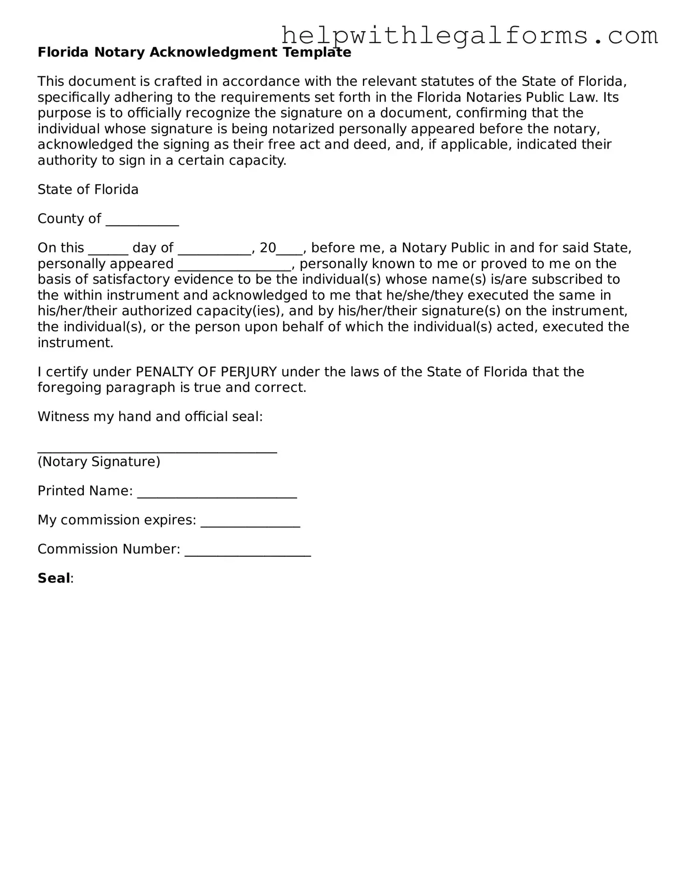Blank  Notary Acknowledgement Form for Florida