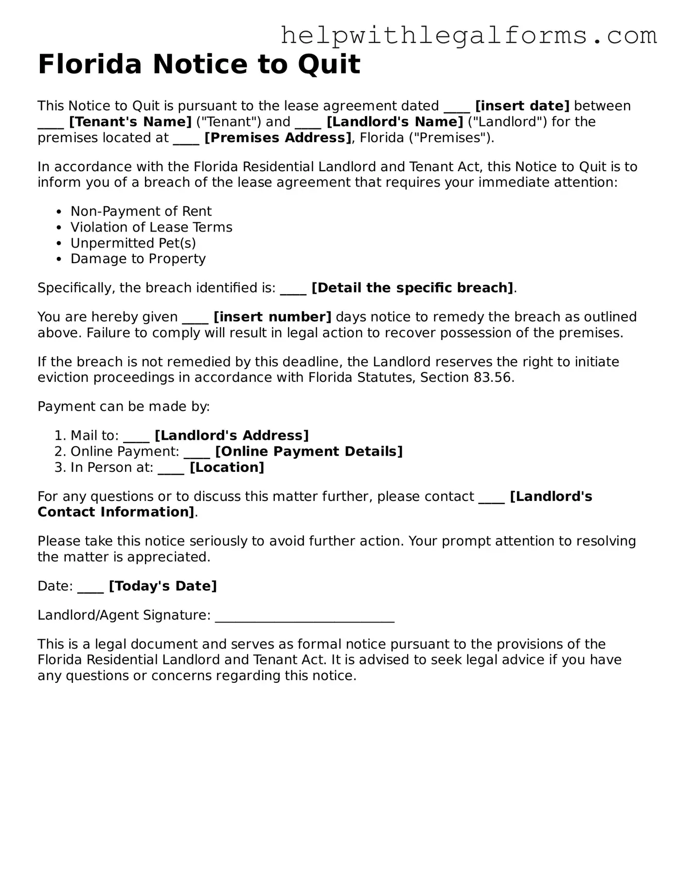 Blank  Notice to Quit Form for Florida