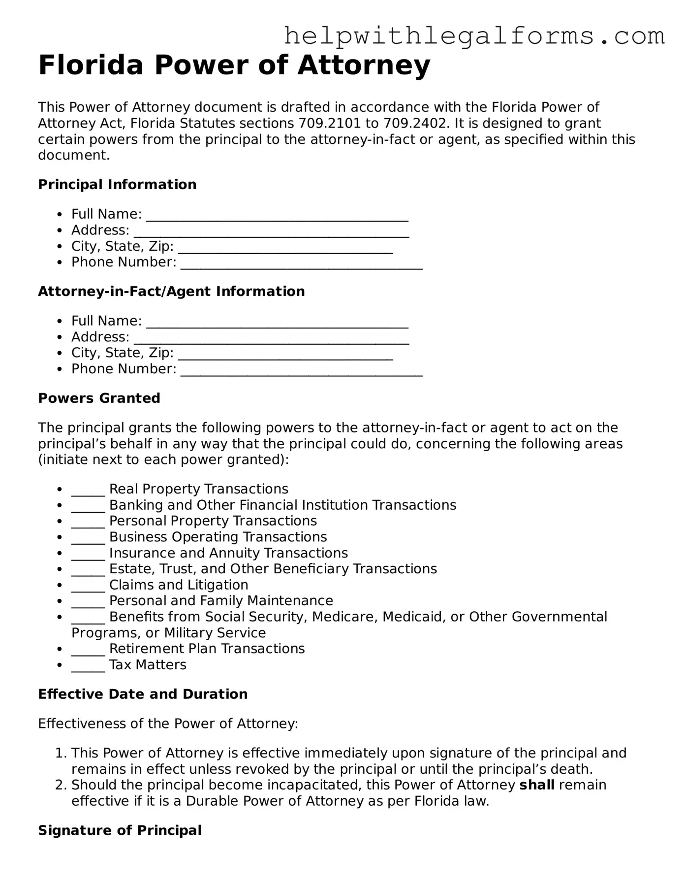 Blank  Power of Attorney Form for Florida