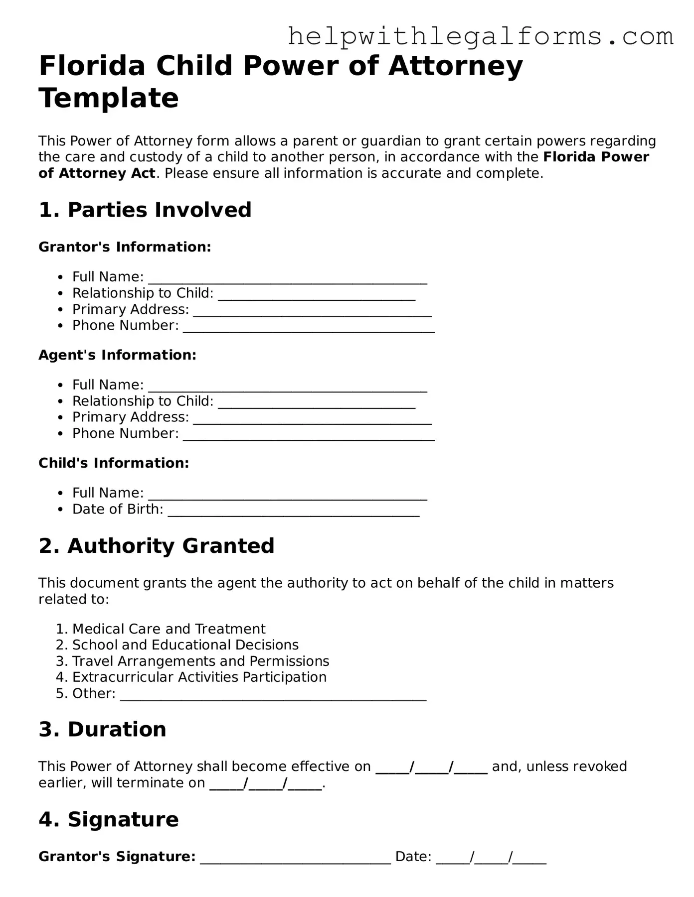 Blank  Power of Attorney for a Child Form for Florida