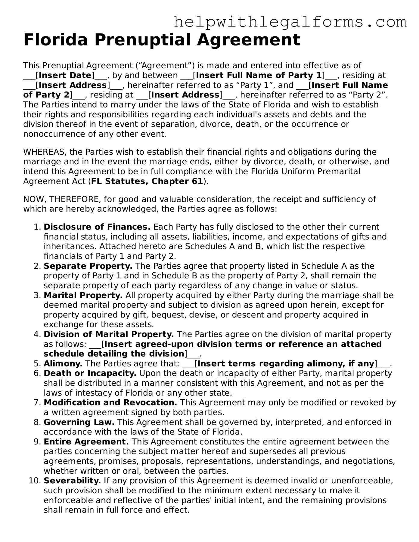 Blank  Prenuptial Agreement Form for Florida