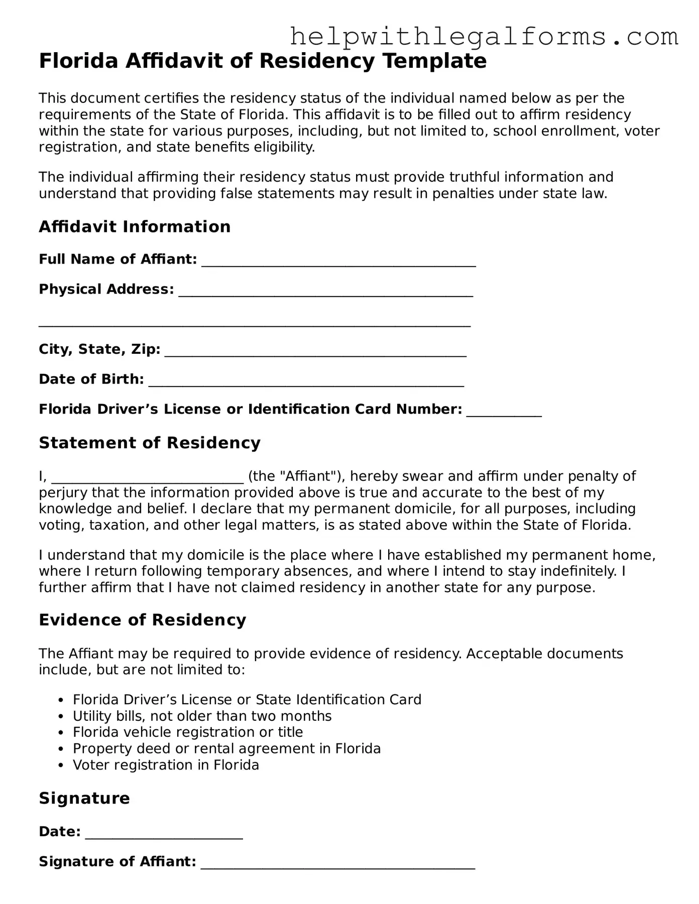 Blank  Affidavit of Residency Form for Florida