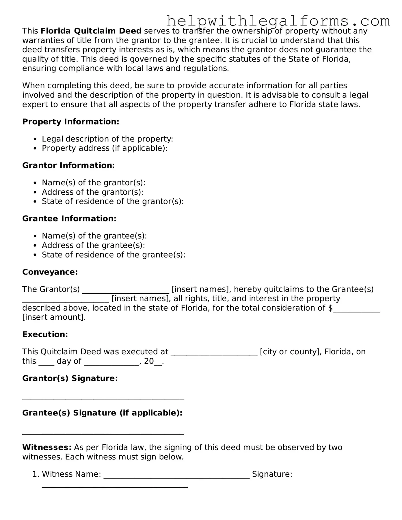 Blank  Quitclaim Deed Form for Florida
