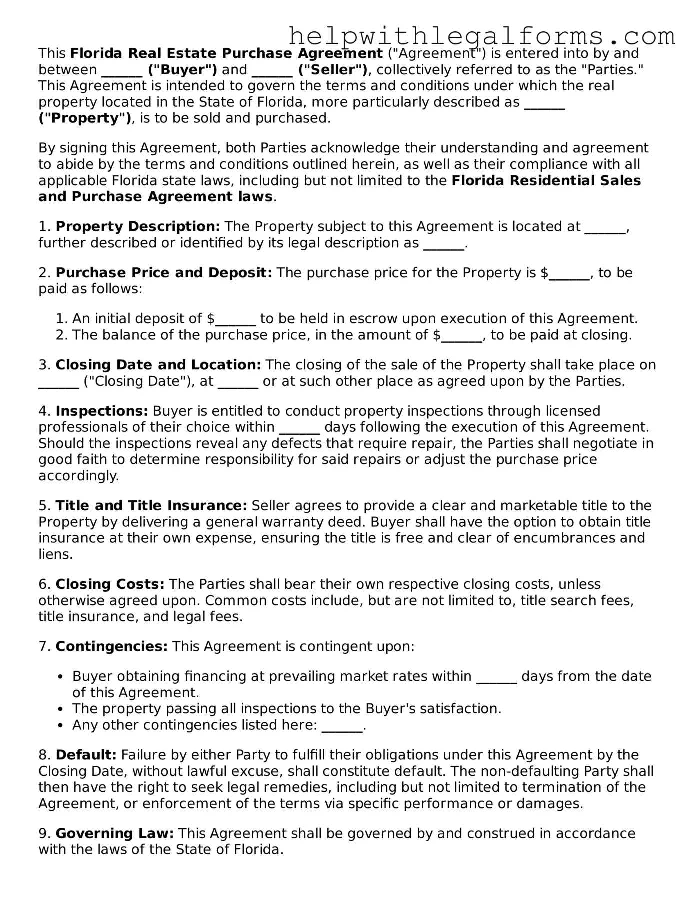 Blank  Real Estate Purchase Agreement Form for Florida