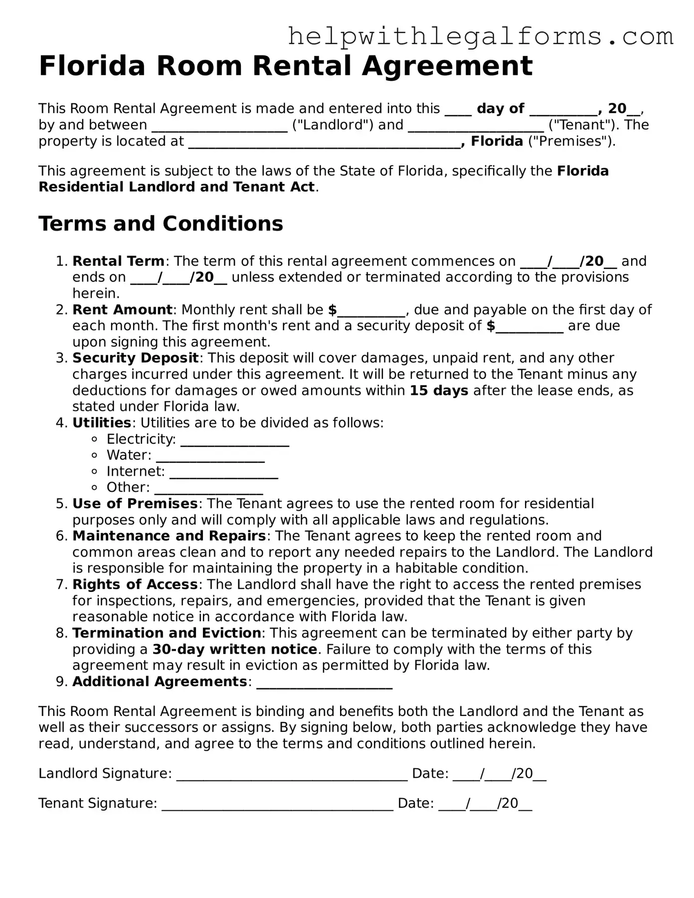 Blank  Room Rental Agreement Form for Florida