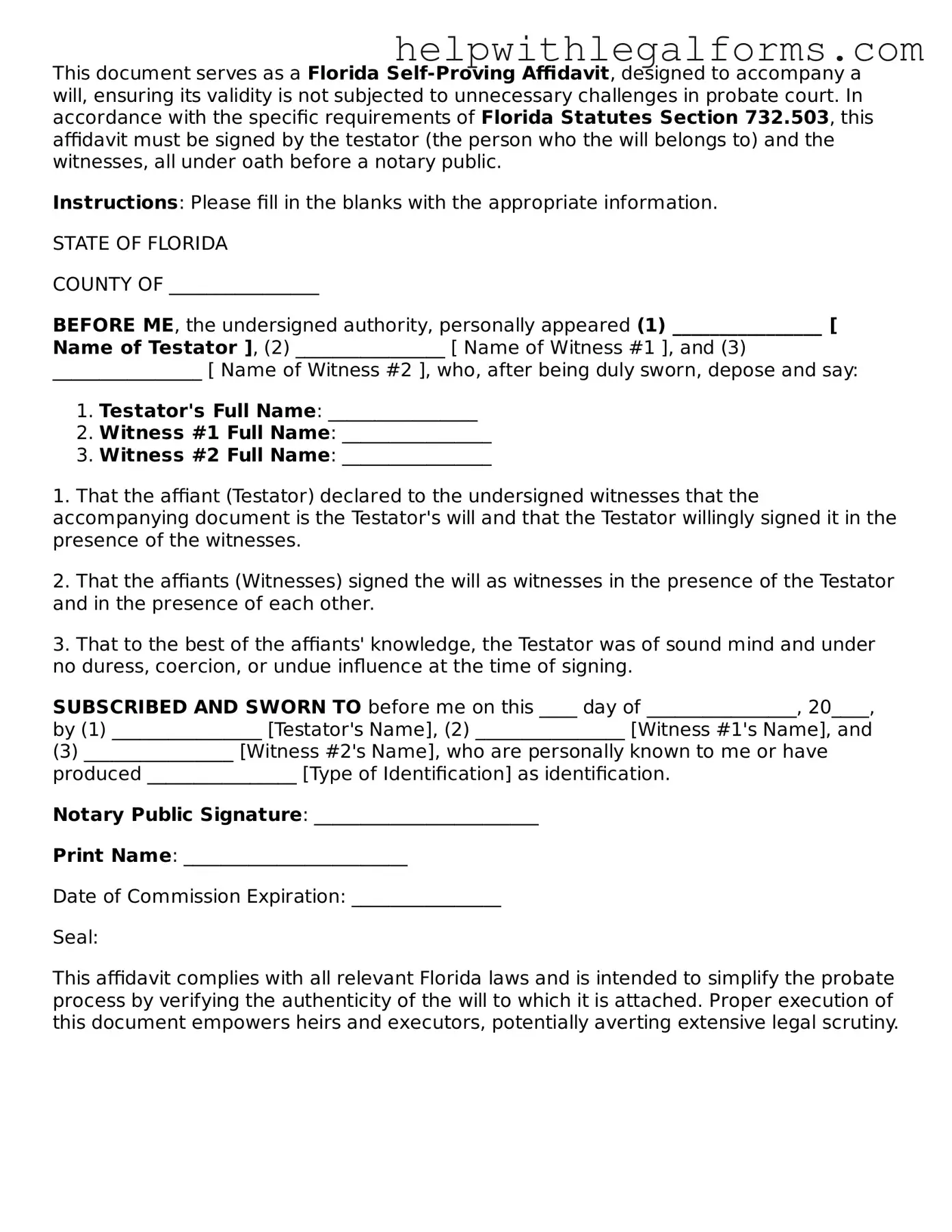 Blank  Self-Proving Affidavit Form for Florida
