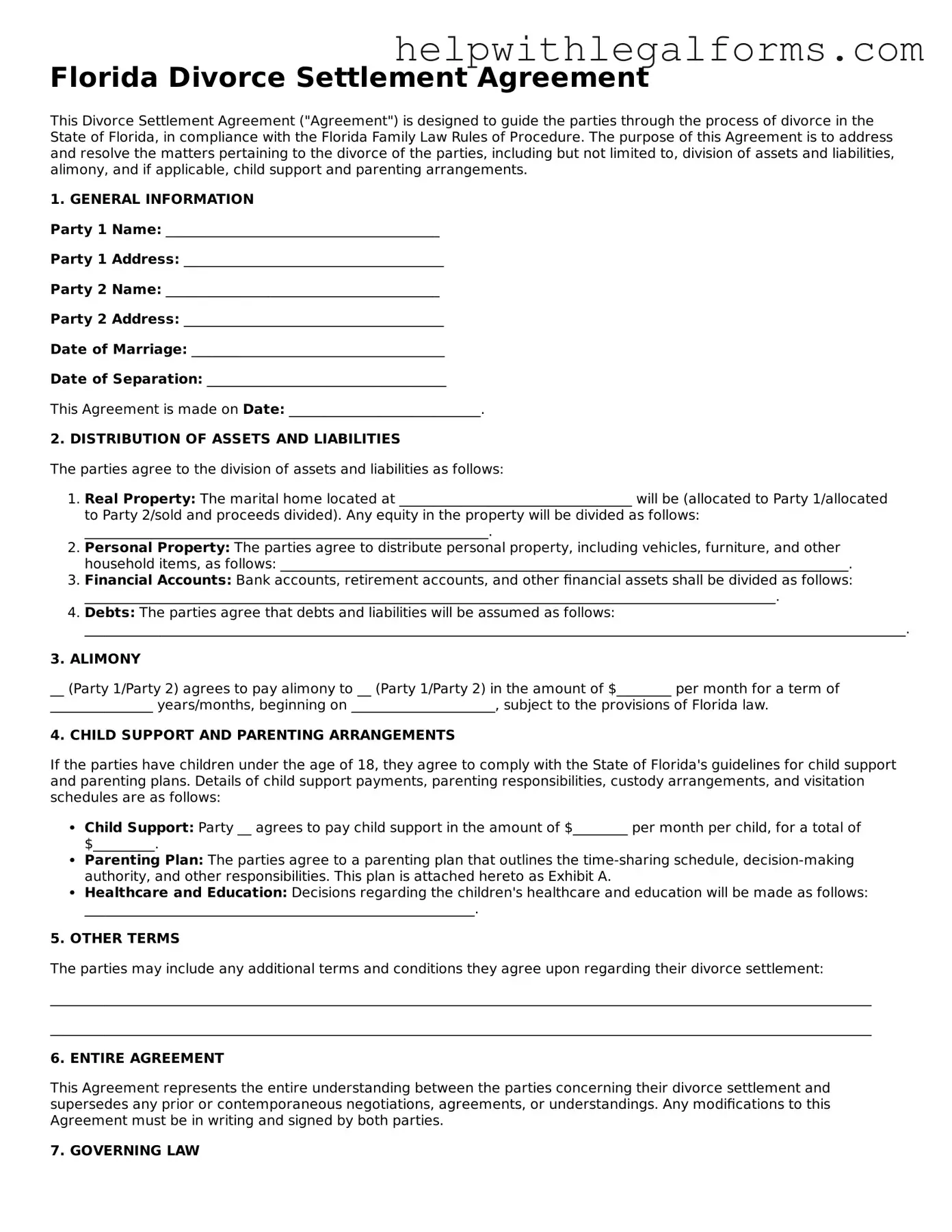 Blank  Divorce Settlement Agreement Form for Florida