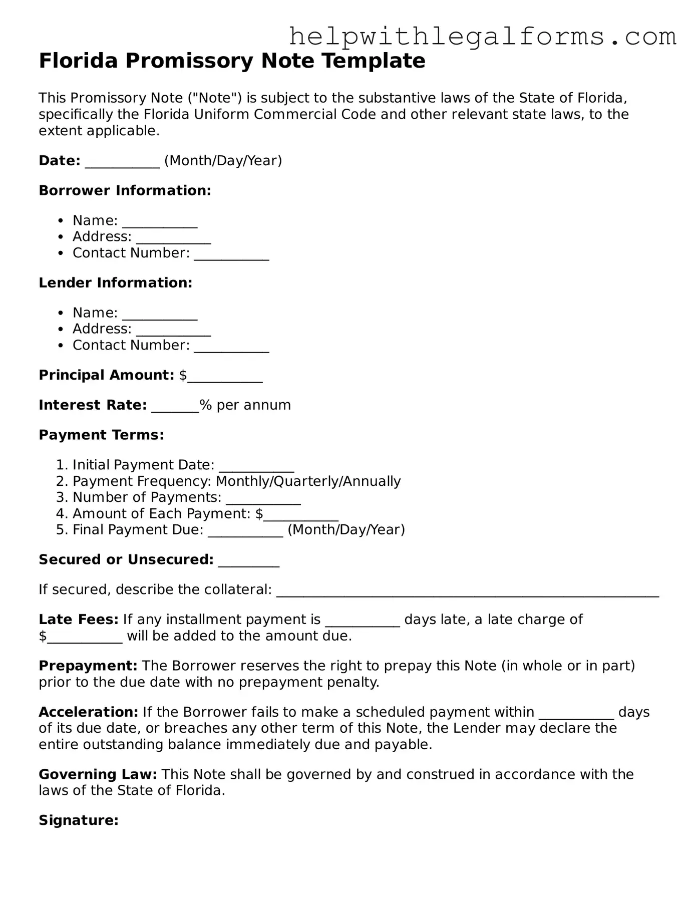 Blank  Promissory Note Form for Florida