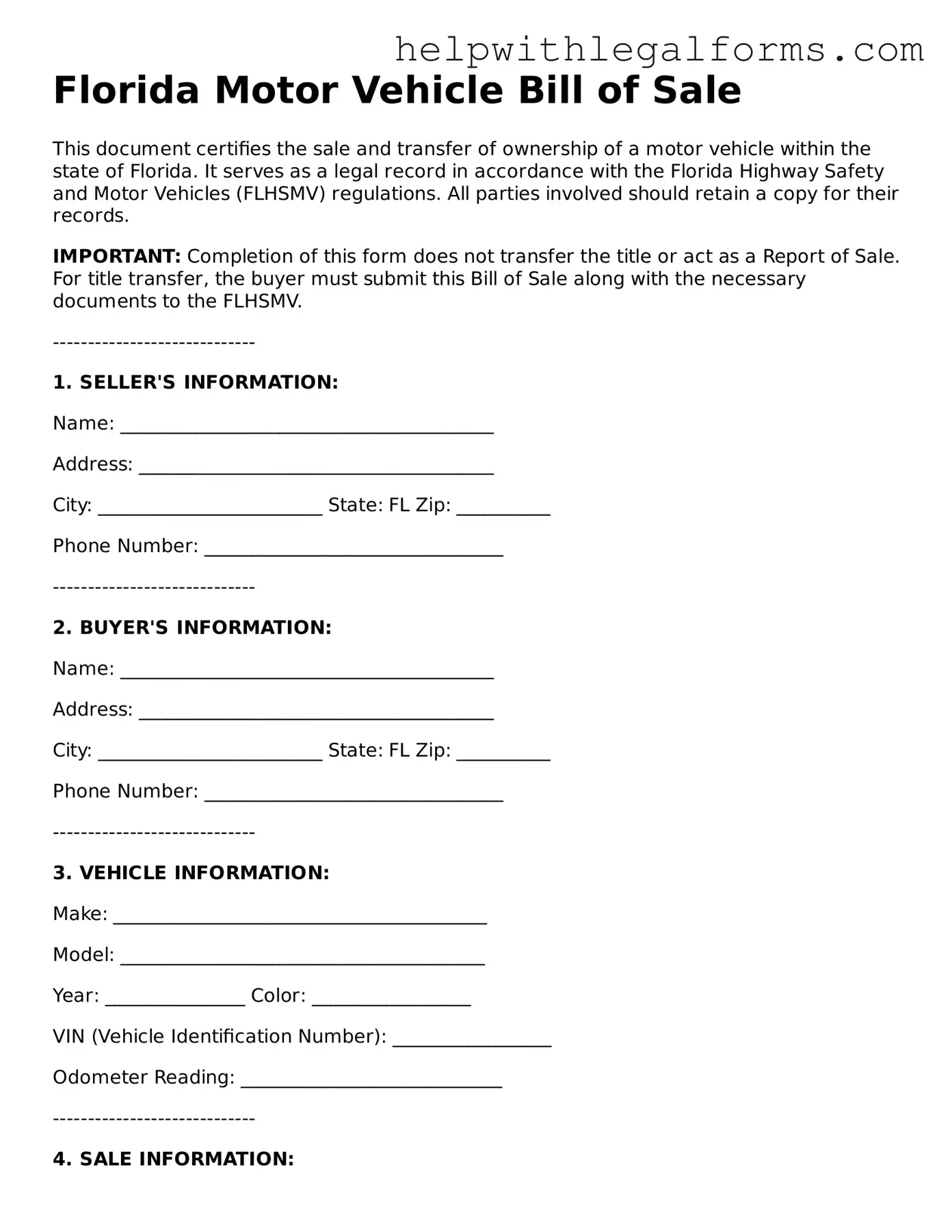 Blank  Motor Vehicle Bill of Sale Form for Florida