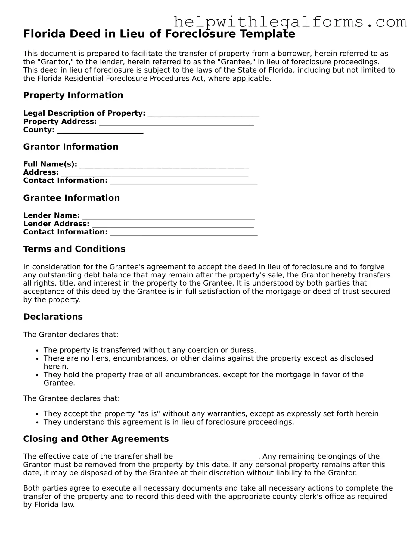 Blank  Deed in Lieu of Foreclosure Form for Florida