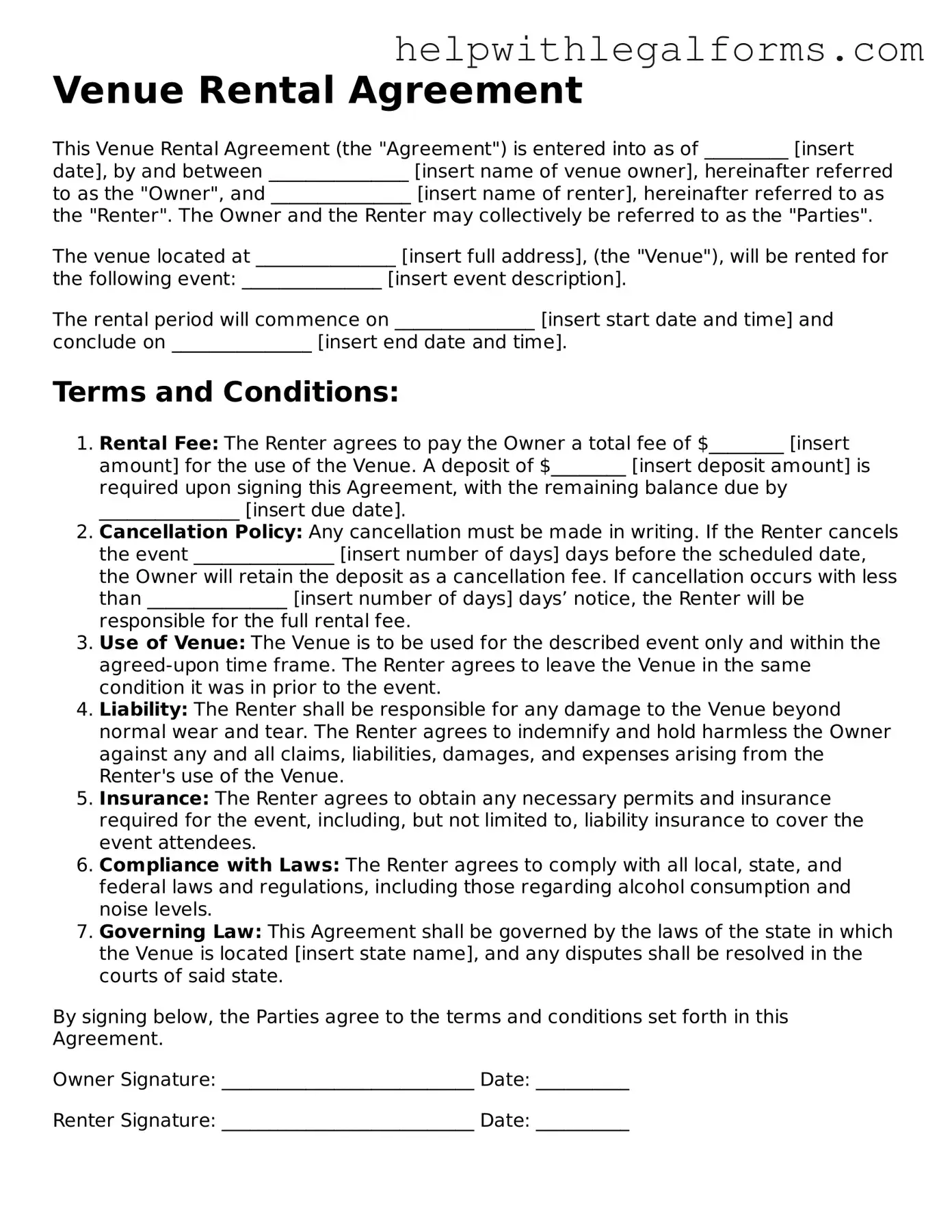 Legal Venue Rental Agreement Form