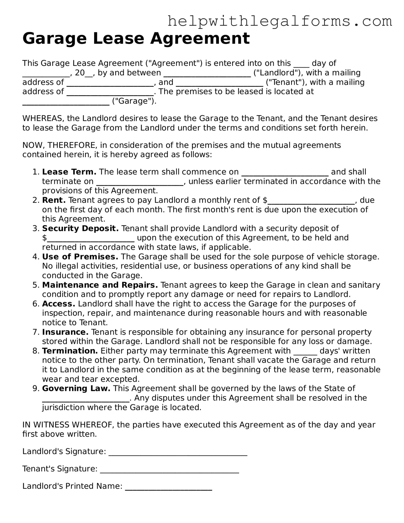 Legal Garage Lease Agreement Form