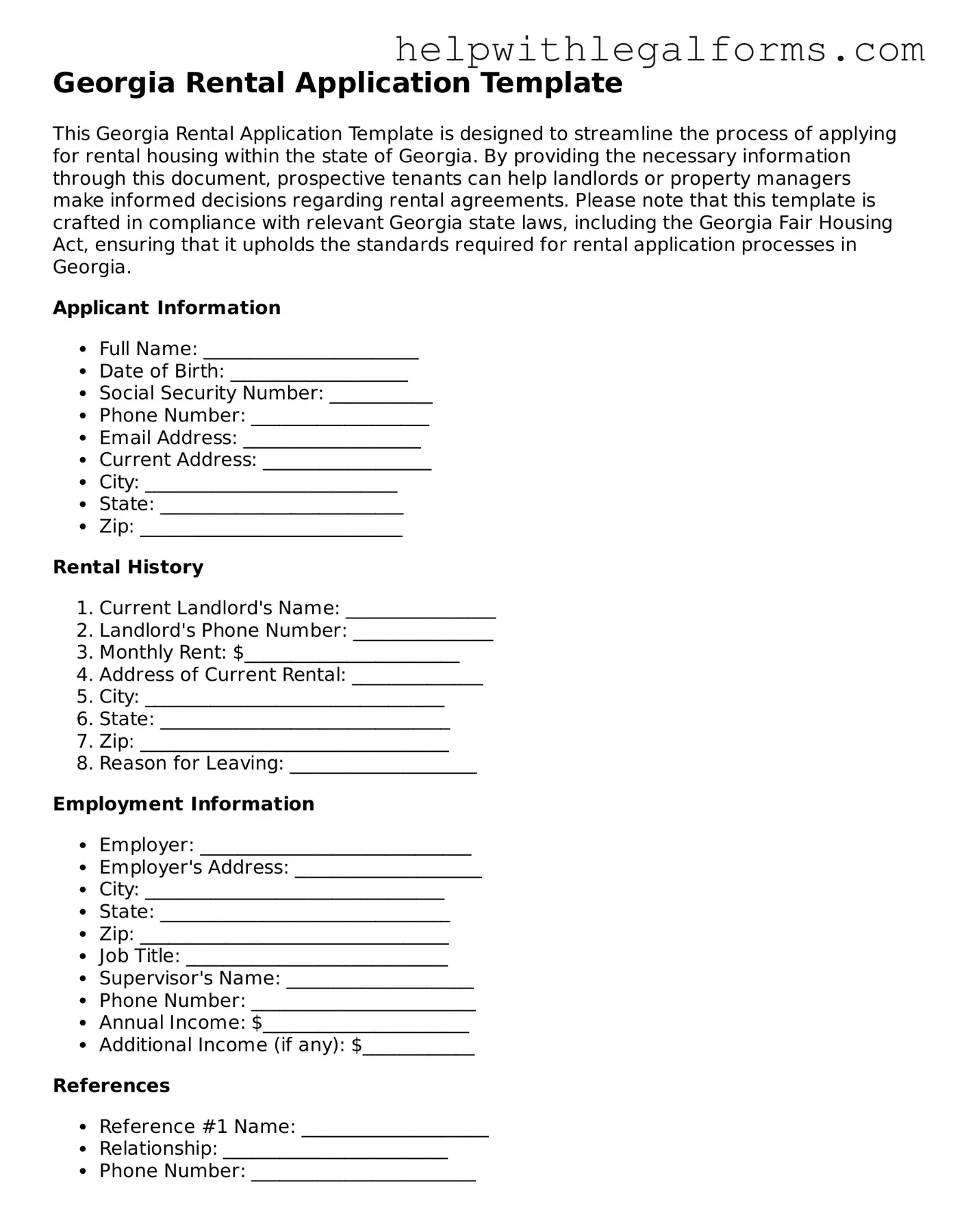 Blank  Rental Application Form for Georgia