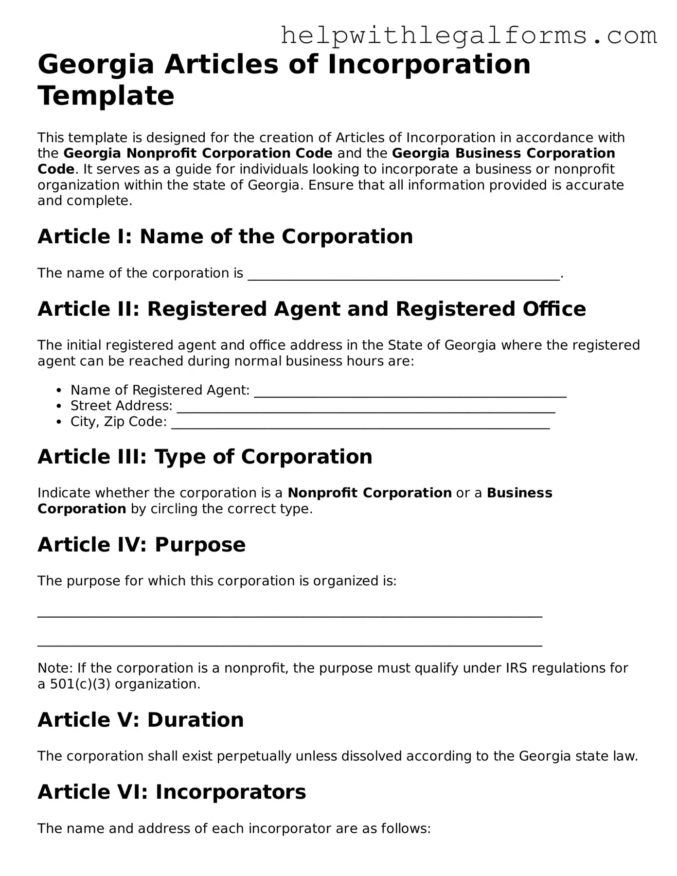 Blank  Articles of Incorporation Form for Georgia