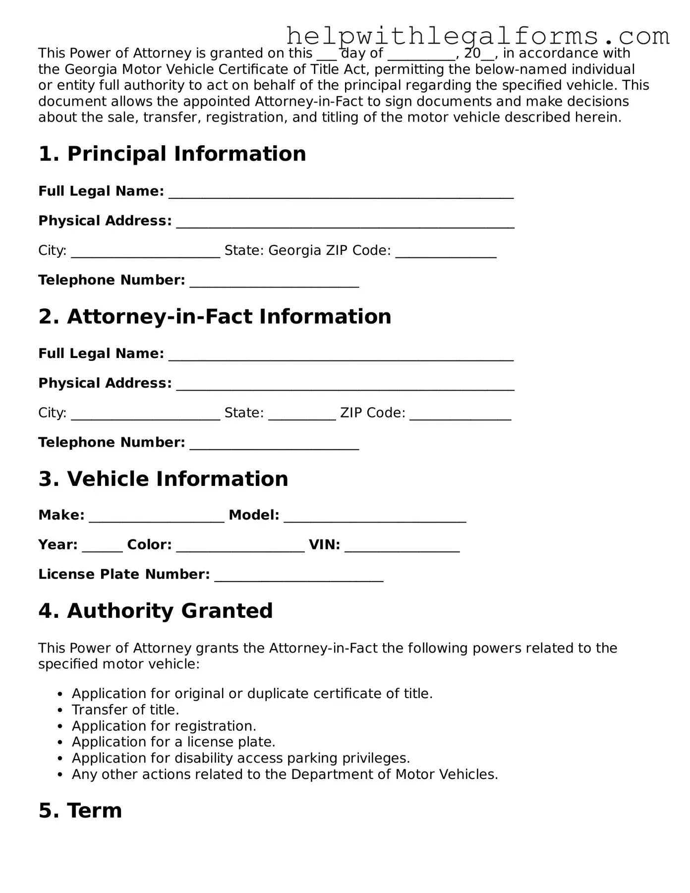 Blank  Motor Vehicle Power of Attorney Form for Georgia