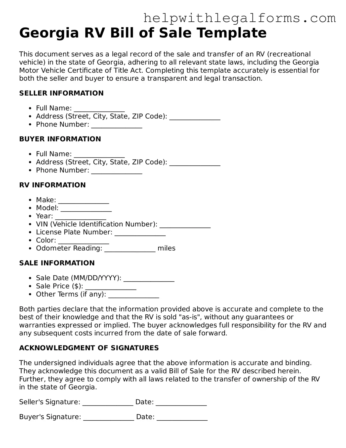 Blank  RV Bill of Sale Form for Georgia