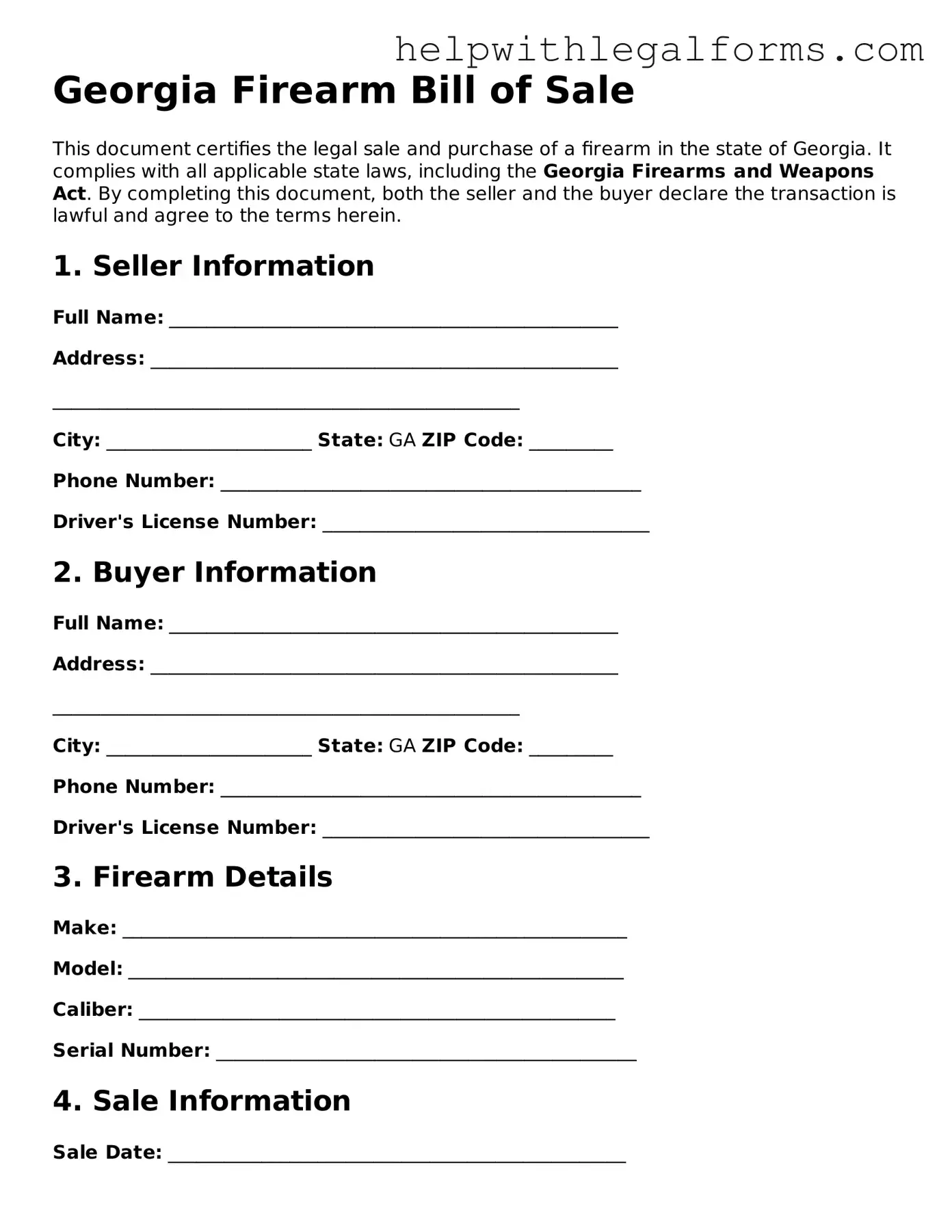 Blank  Firearm Bill of Sale Form for Georgia