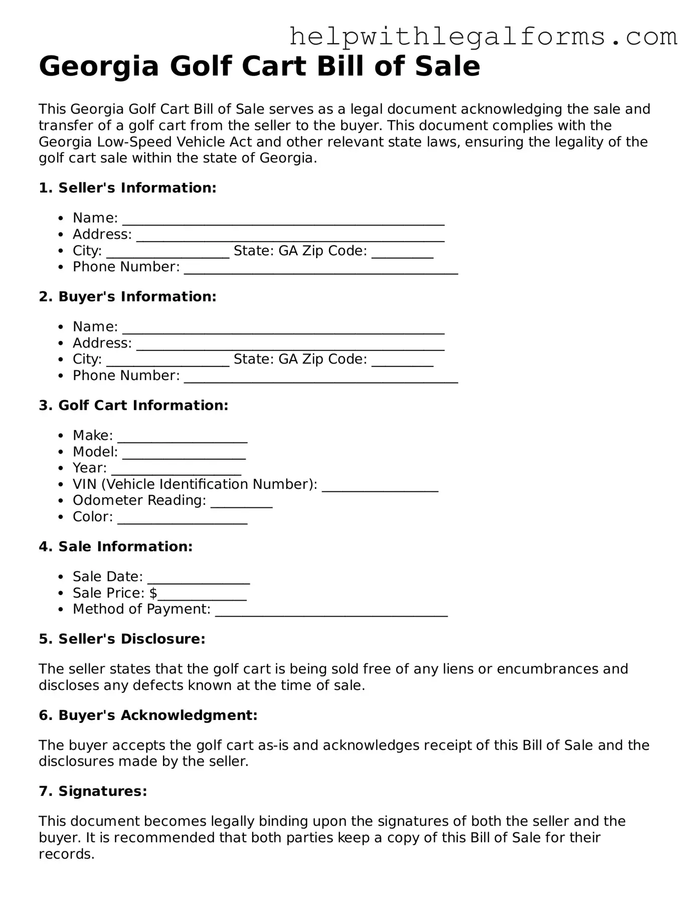 Blank  Golf Cart Bill of Sale Form for Georgia