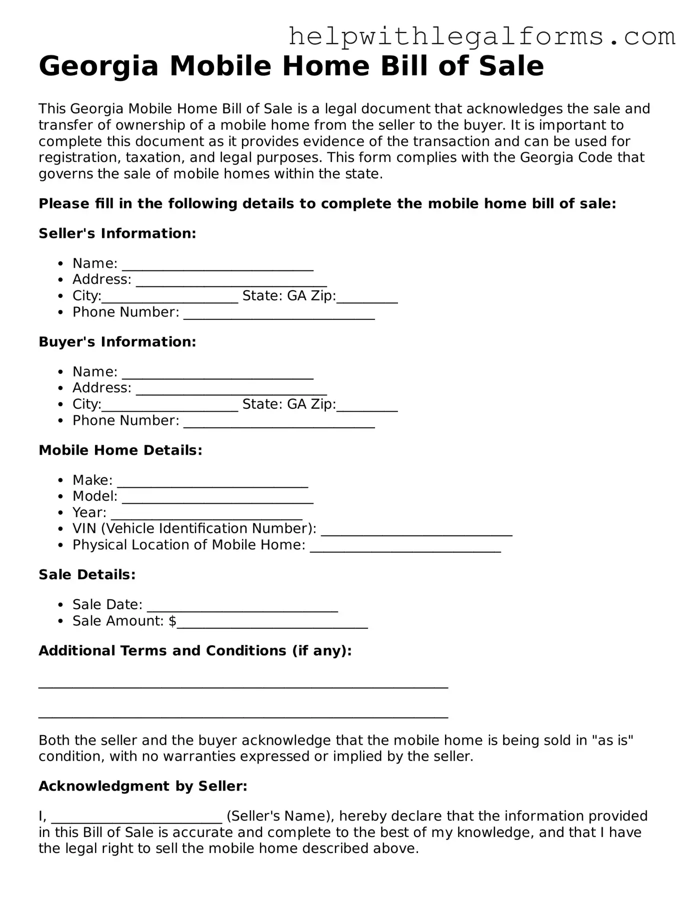 Blank  Mobile Home Bill of Sale Form for Georgia