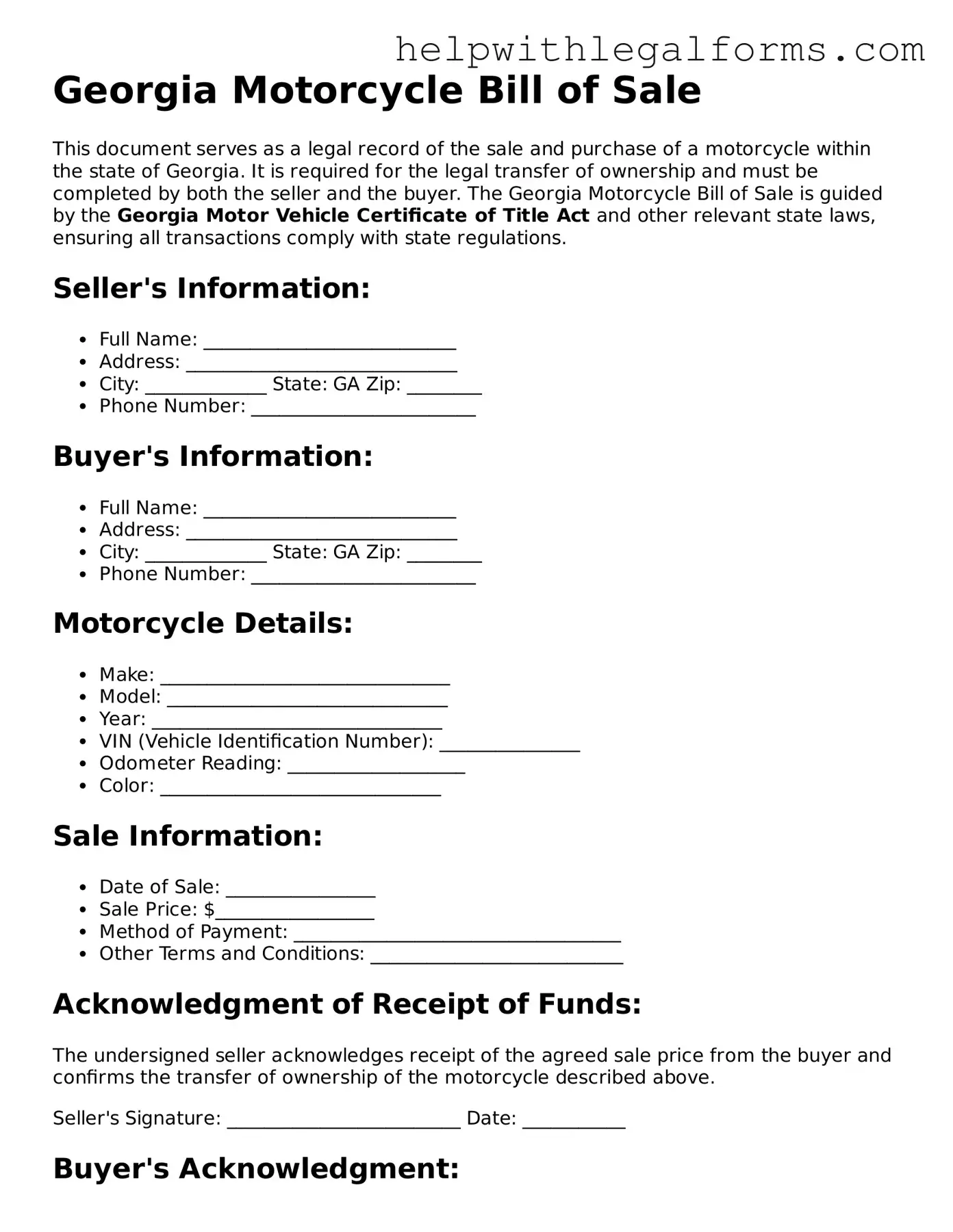 Blank  Motorcycle Bill of Sale Form for Georgia