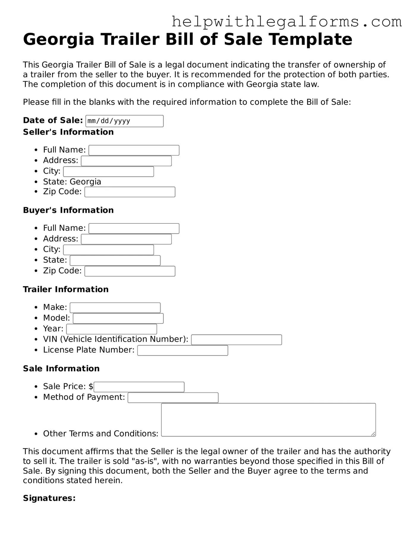 Blank  Trailer Bill of Sale Form for Georgia