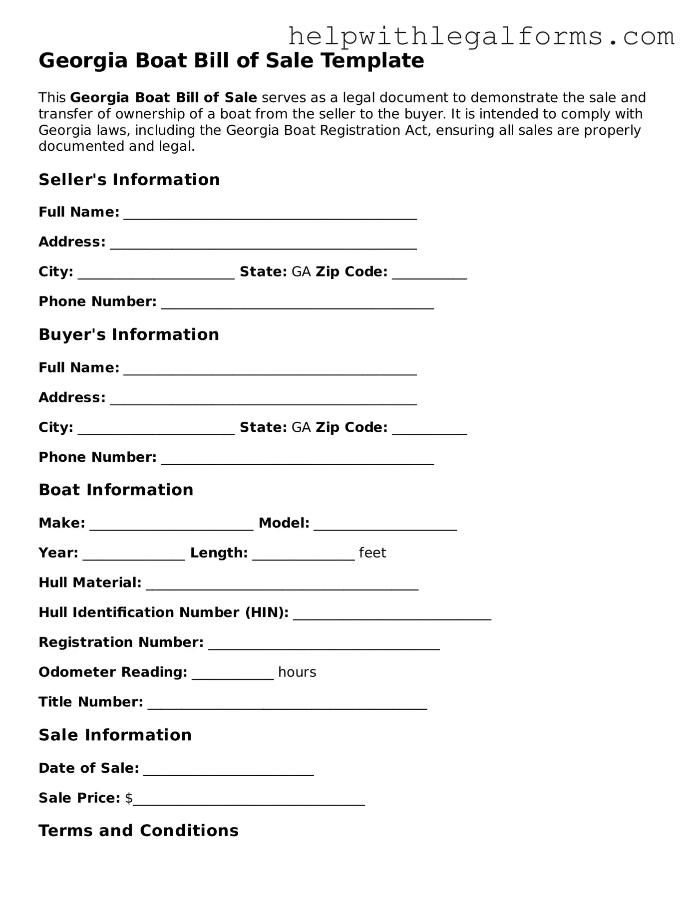 Blank  Boat Bill of Sale Form for Georgia