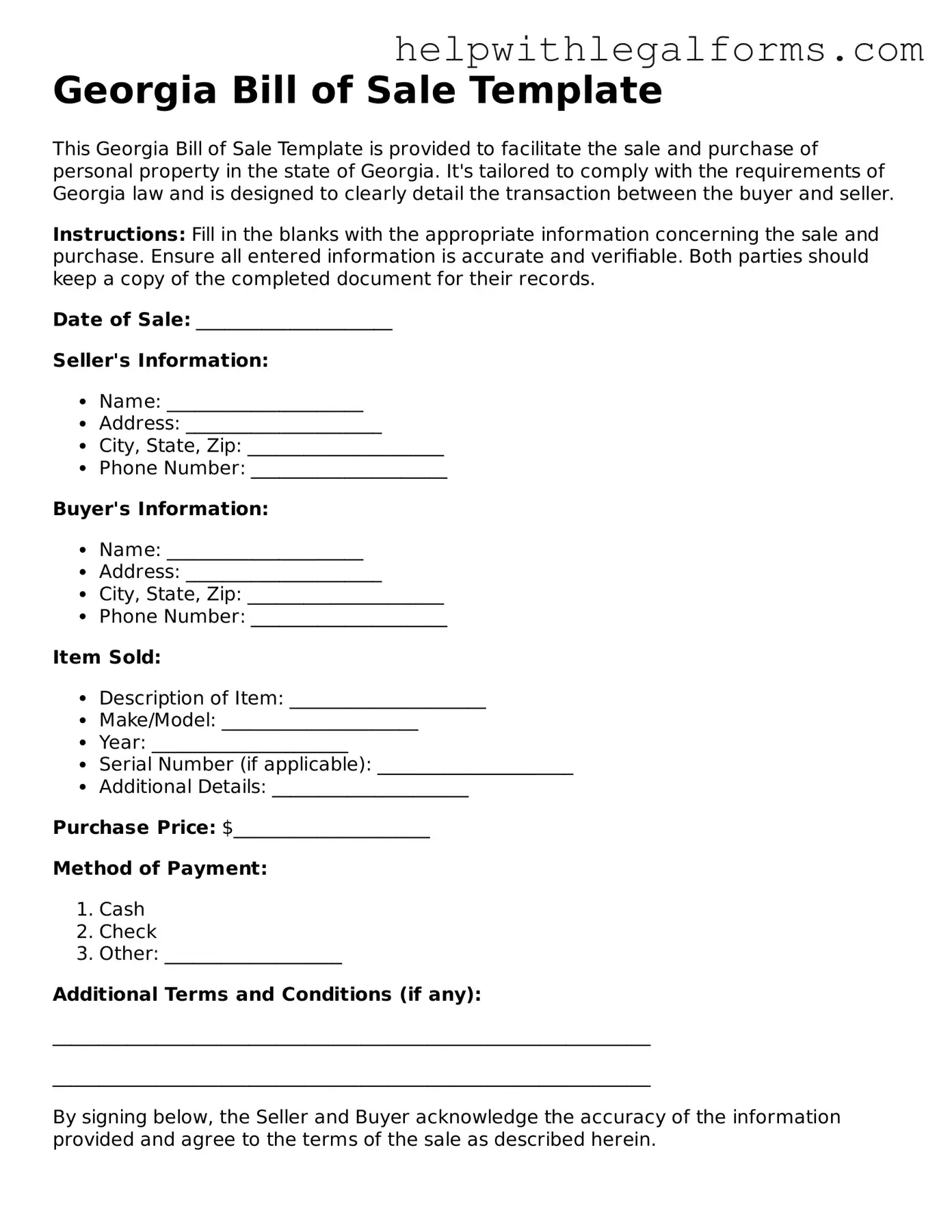 Blank  Bill of Sale Form for Georgia