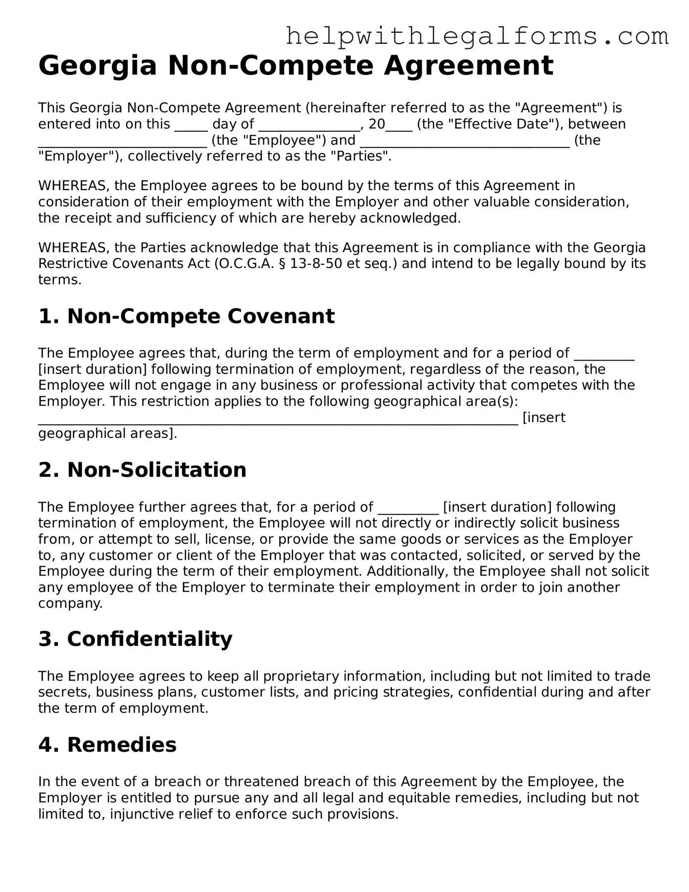 Blank  Non-compete Agreement Form for Georgia