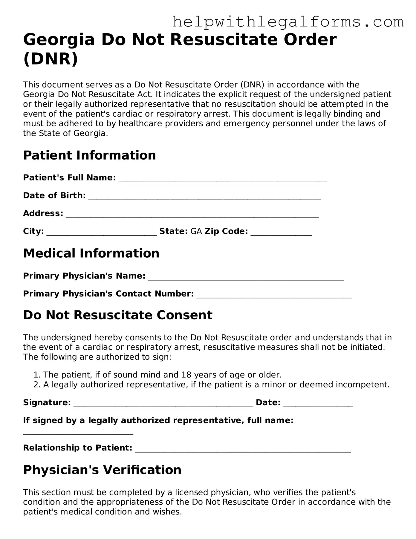 Blank  Do Not Resuscitate Order Form for Georgia
