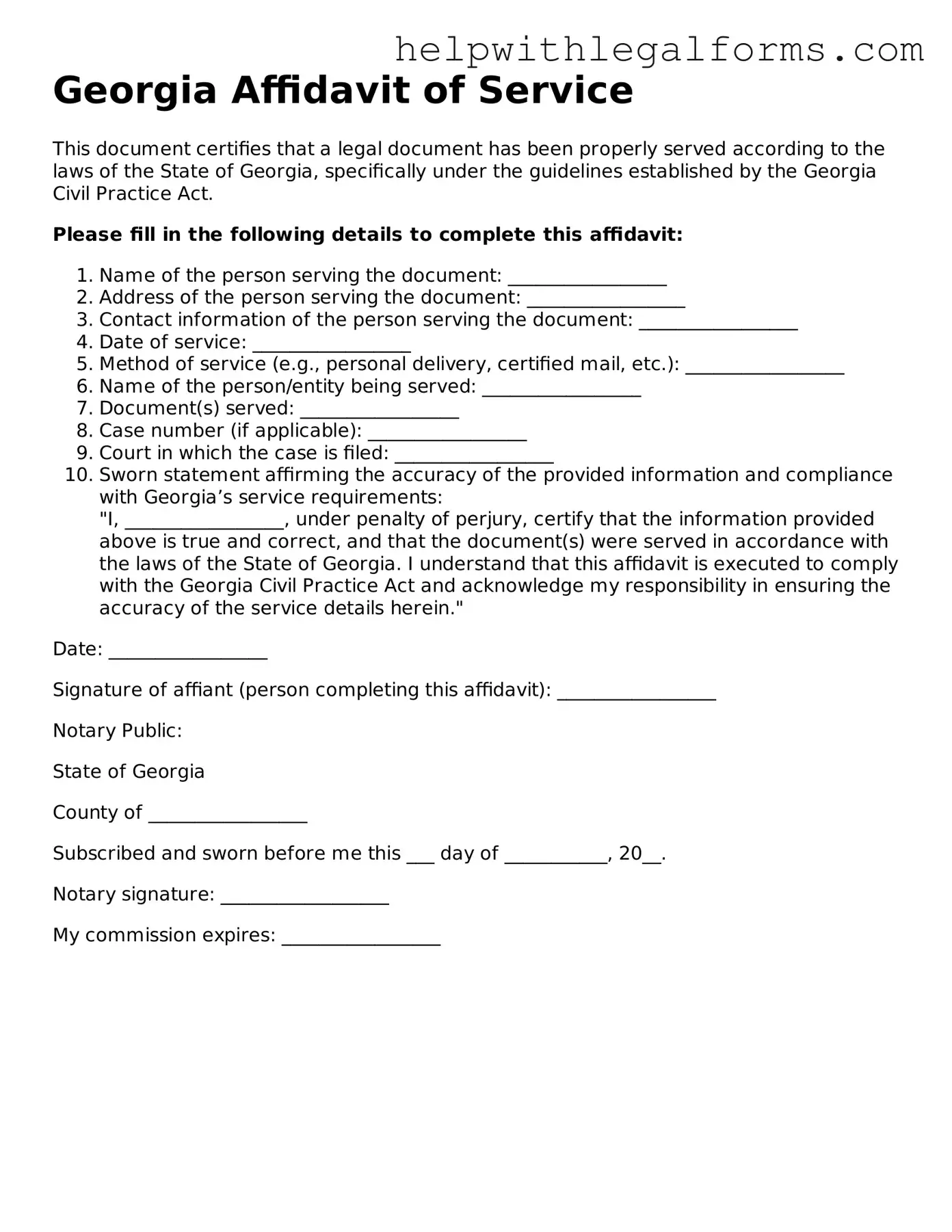 Blank  Affidavit of Service Form for Georgia