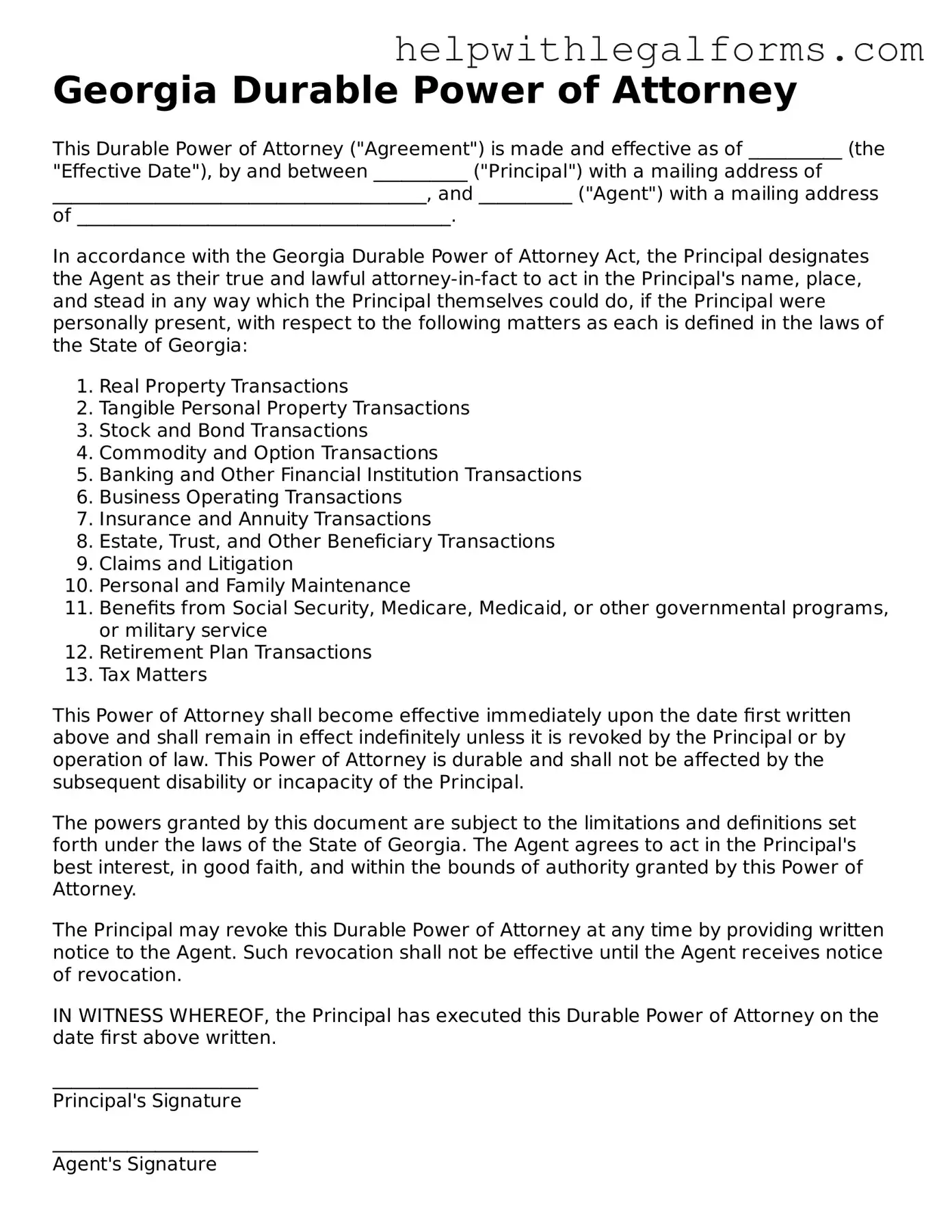 Blank  Durable Power of Attorney Form for Georgia