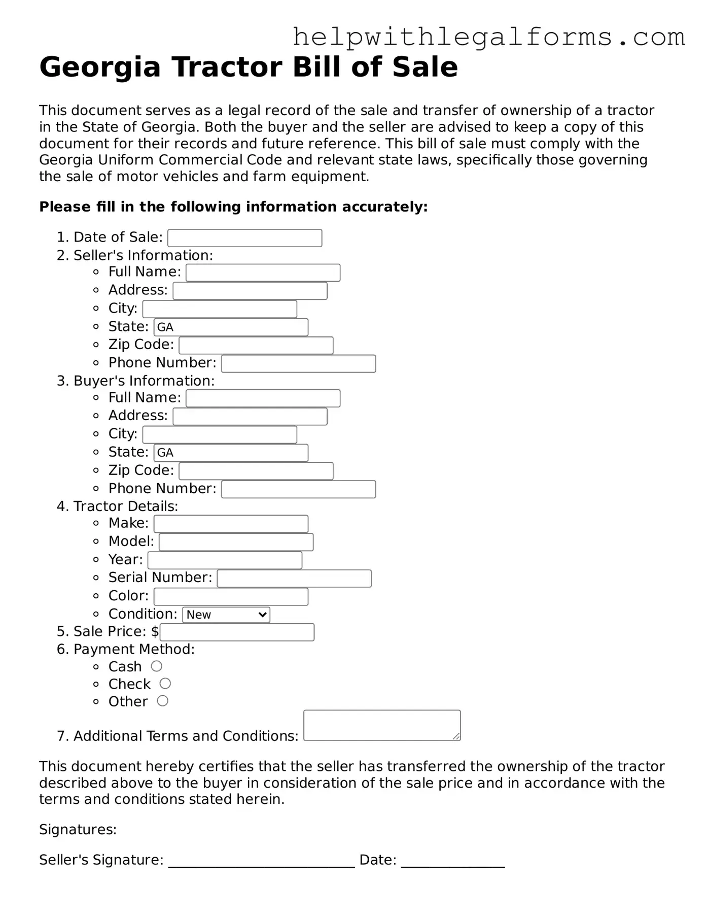 Blank  Tractor Bill of Sale Form for Georgia