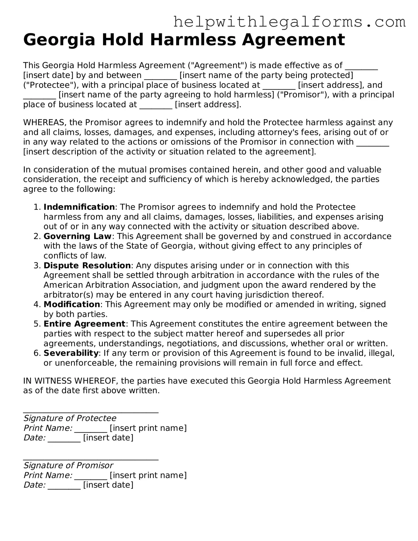 Blank  Hold Harmless Agreement Form for Georgia