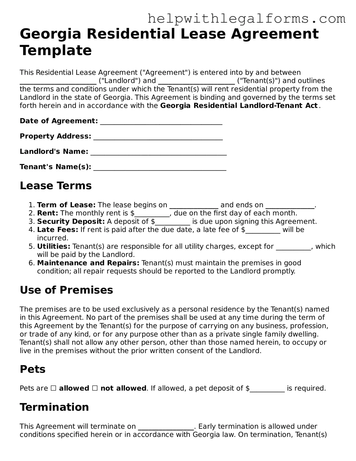 Blank  Residential Lease Agreement Form for Georgia