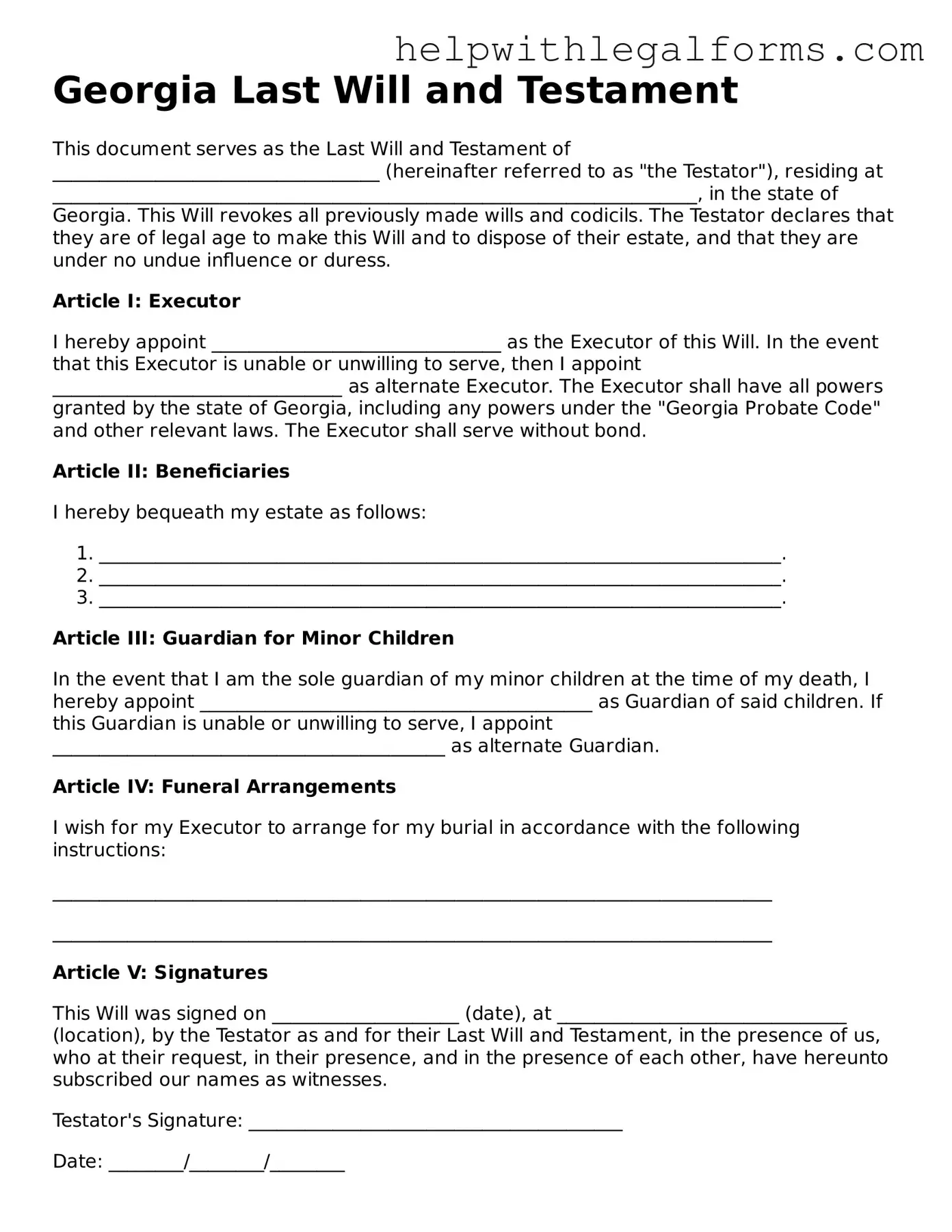 Blank  Last Will and Testament Form for Georgia