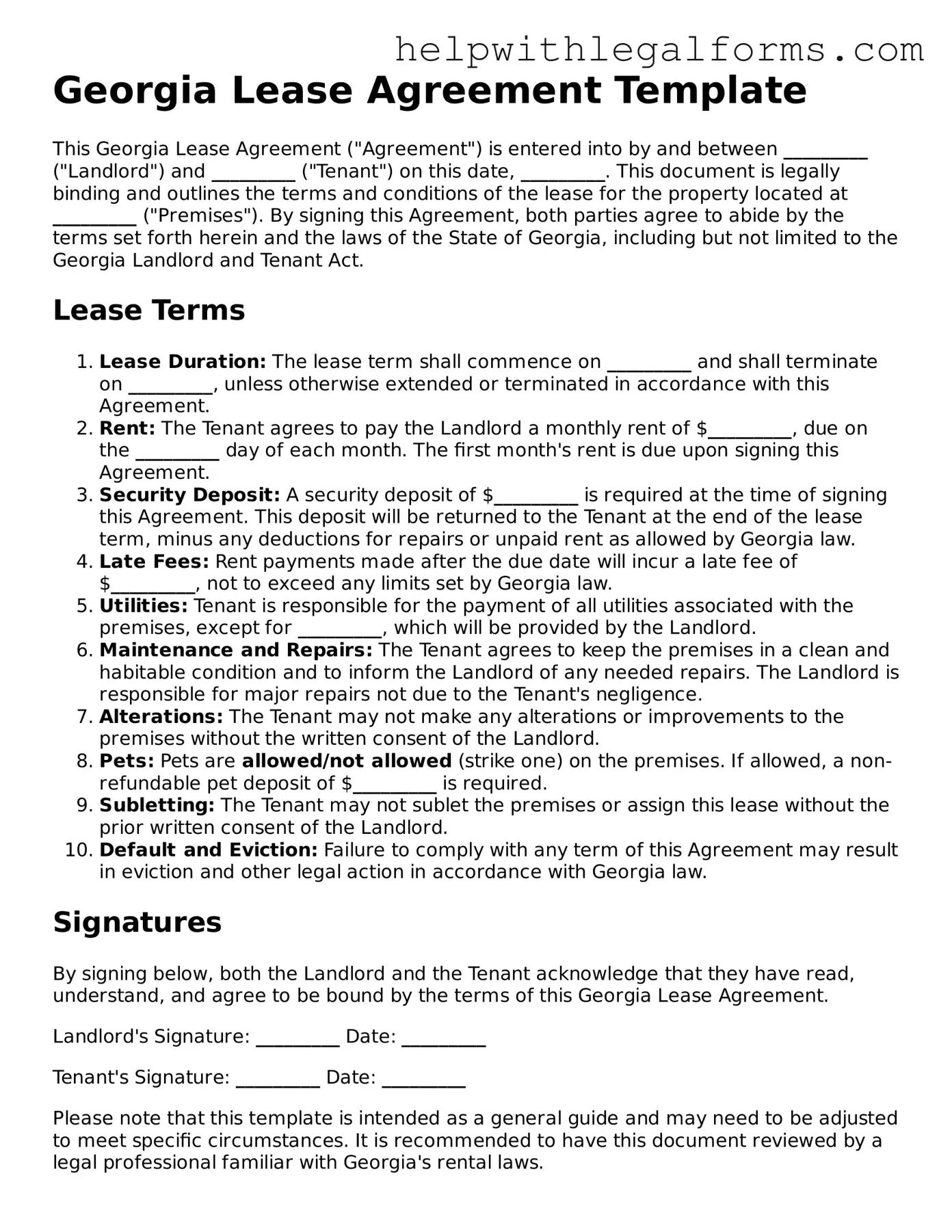 Blank  Lease Agreement Form for Georgia