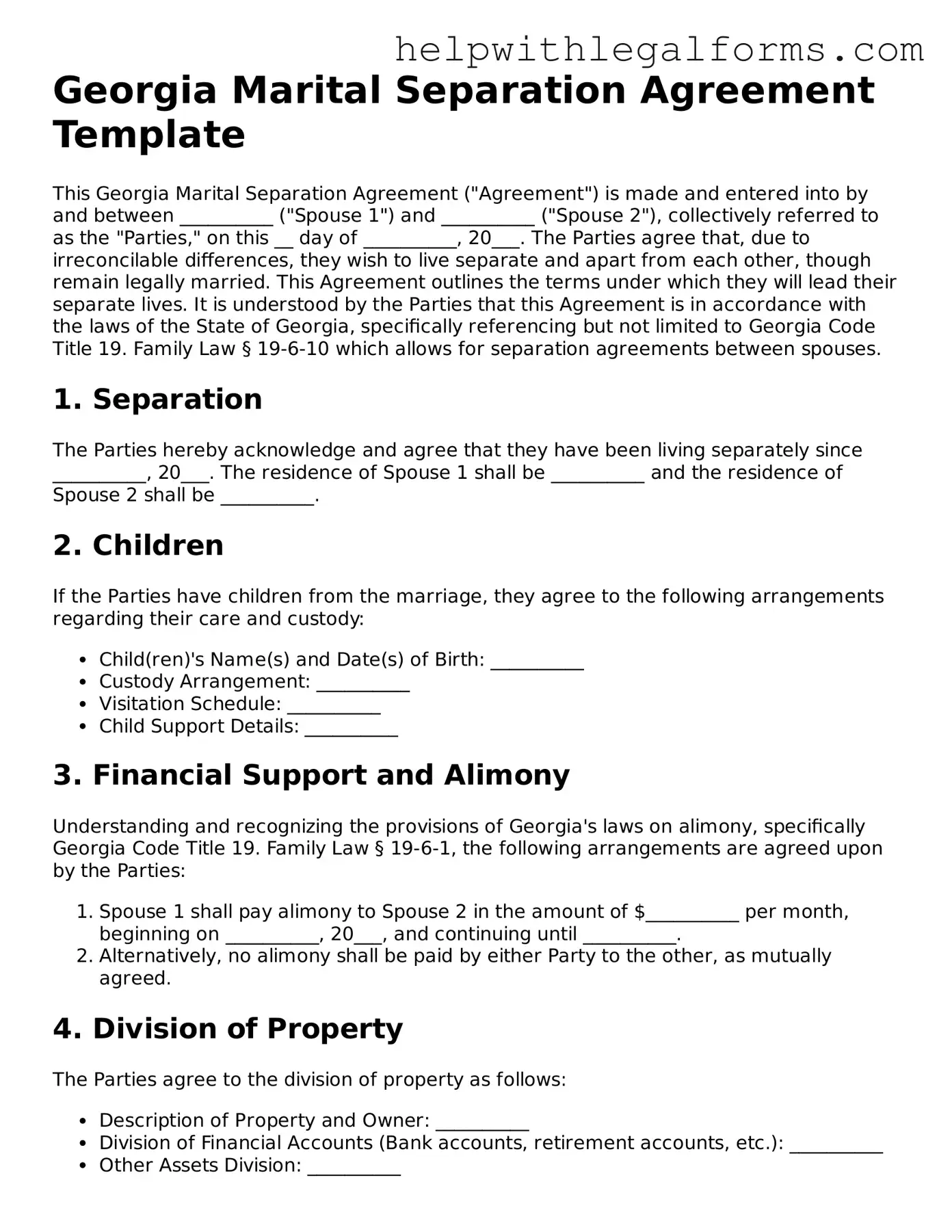 Blank  Marital Separation Agreement Form for Georgia