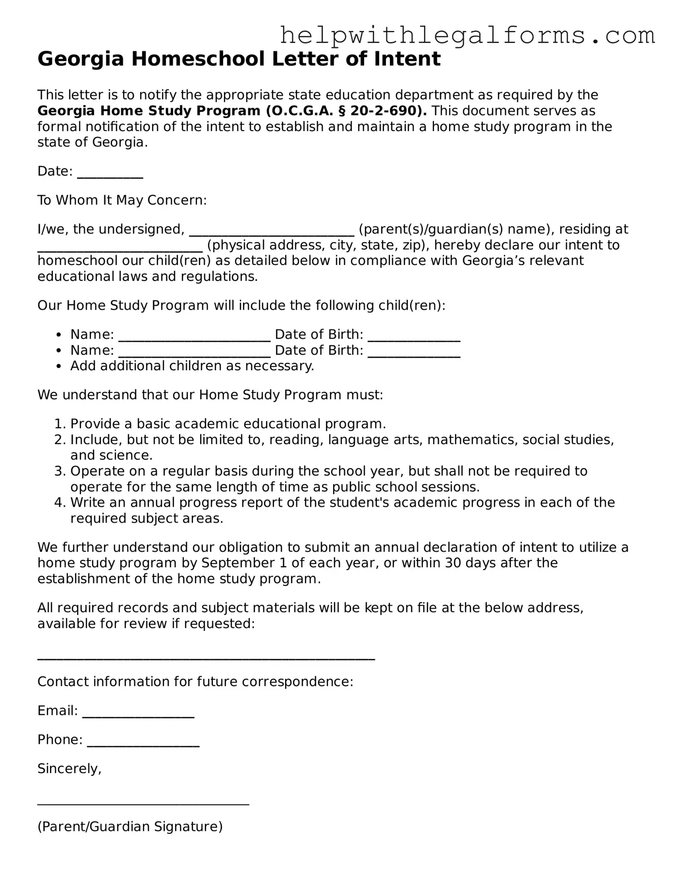 Blank  Homeschool Letter of Intent Form for Georgia