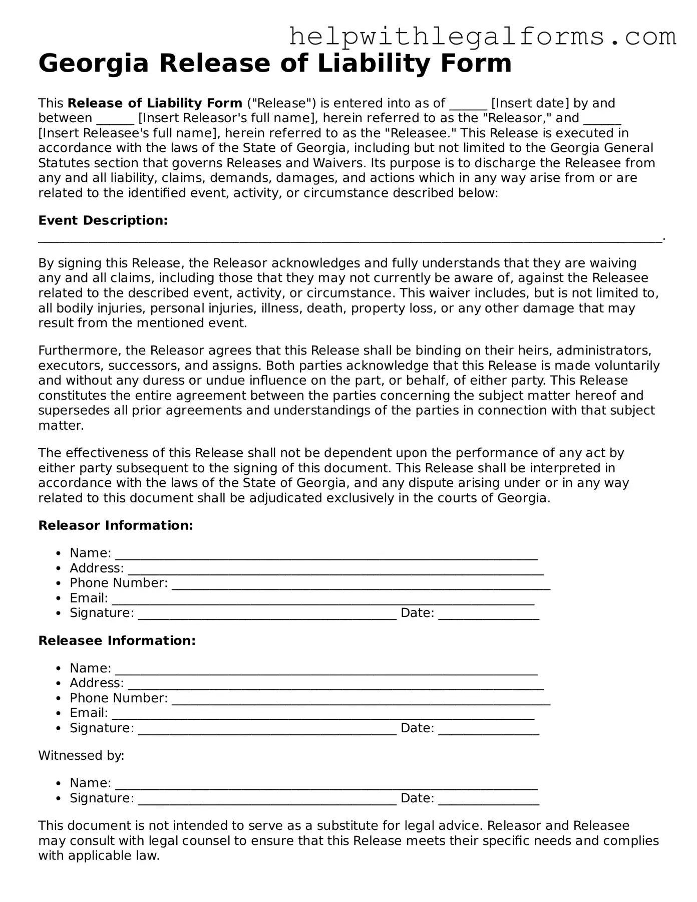 Blank  Release of Liability Form for Georgia