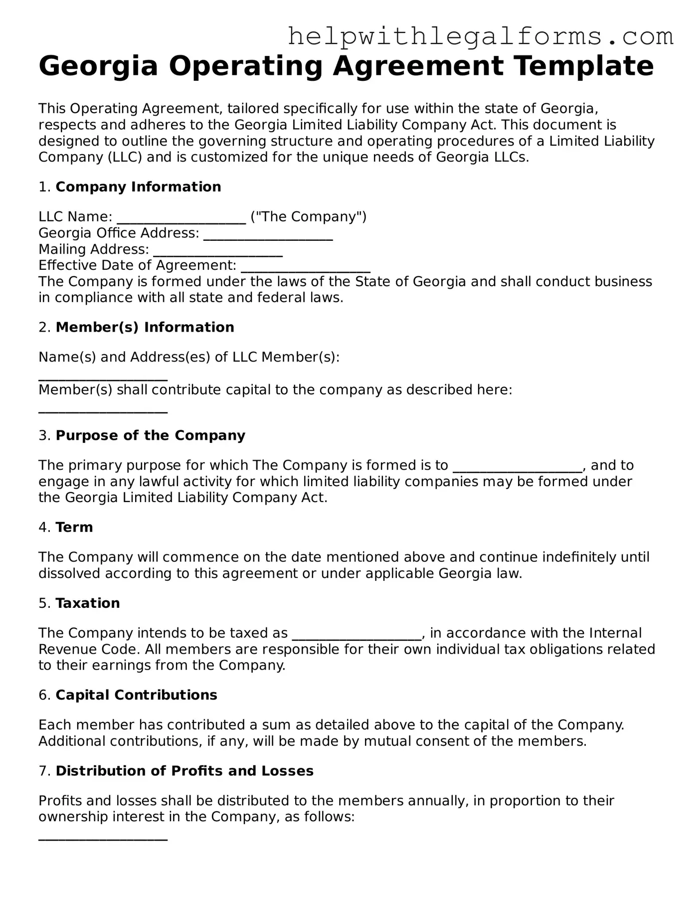 Blank  Operating Agreement Form for Georgia
