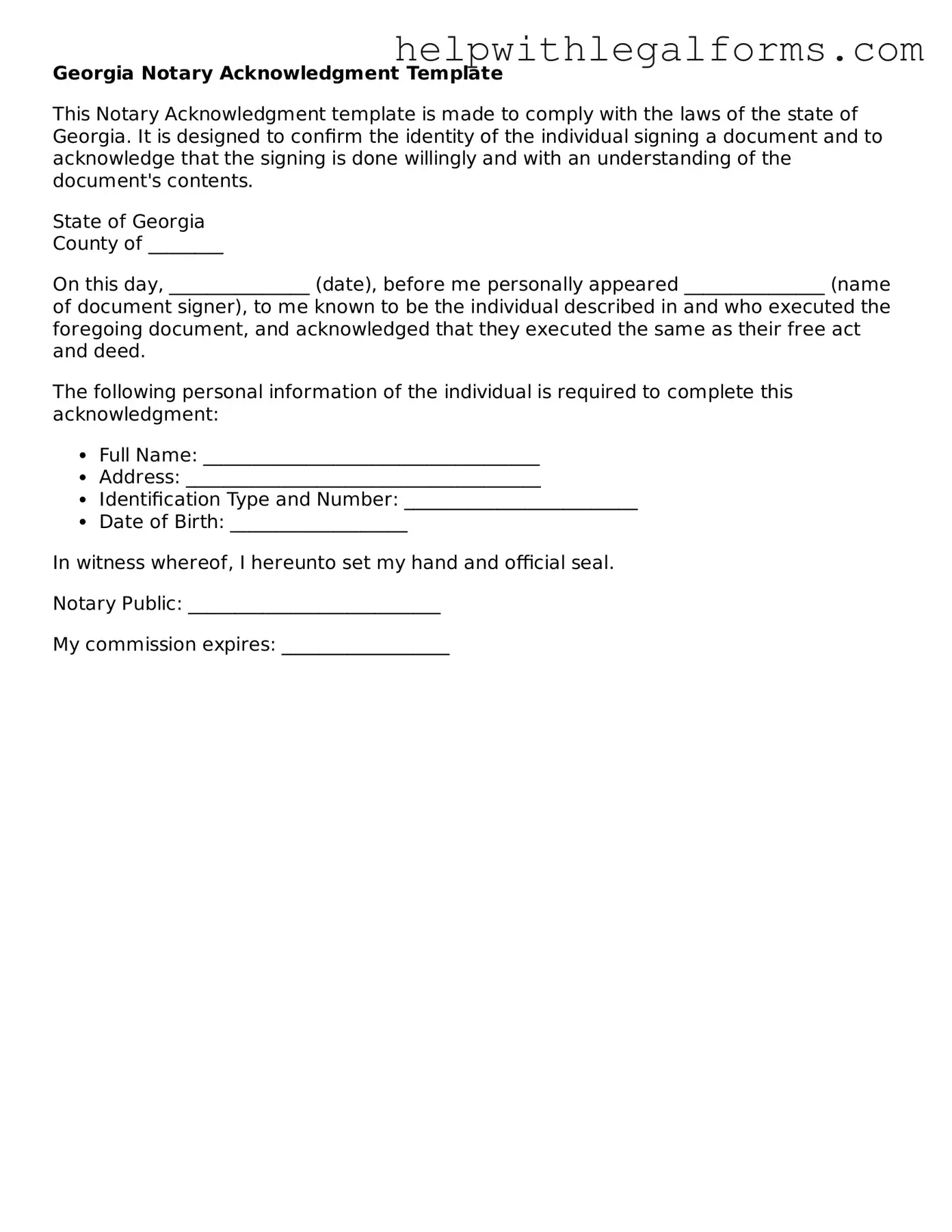 Blank  Notary Acknowledgement Form for Georgia