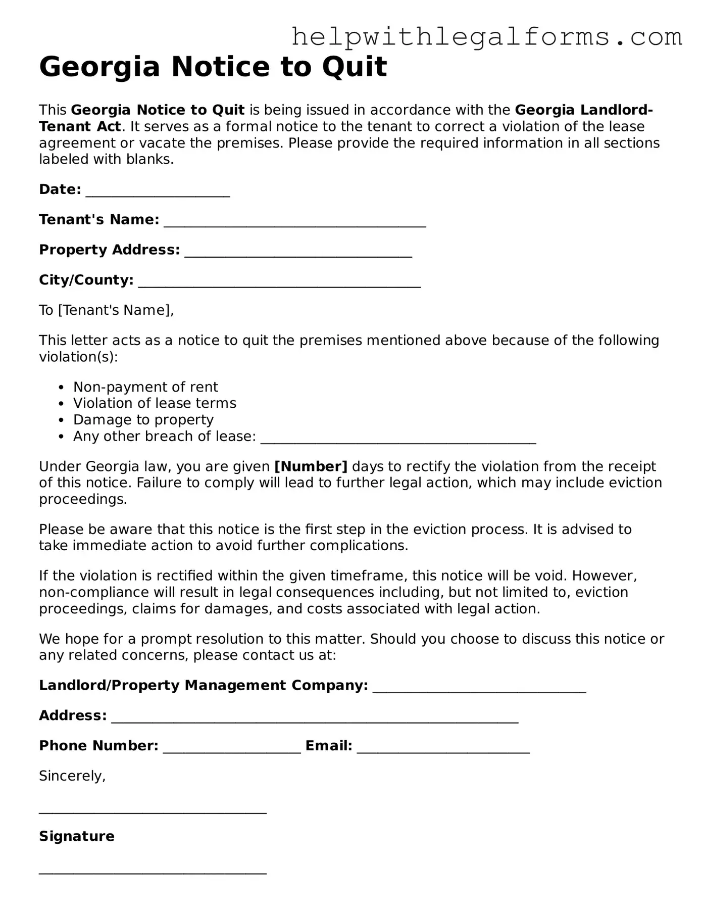 Blank  Notice to Quit Form for Georgia