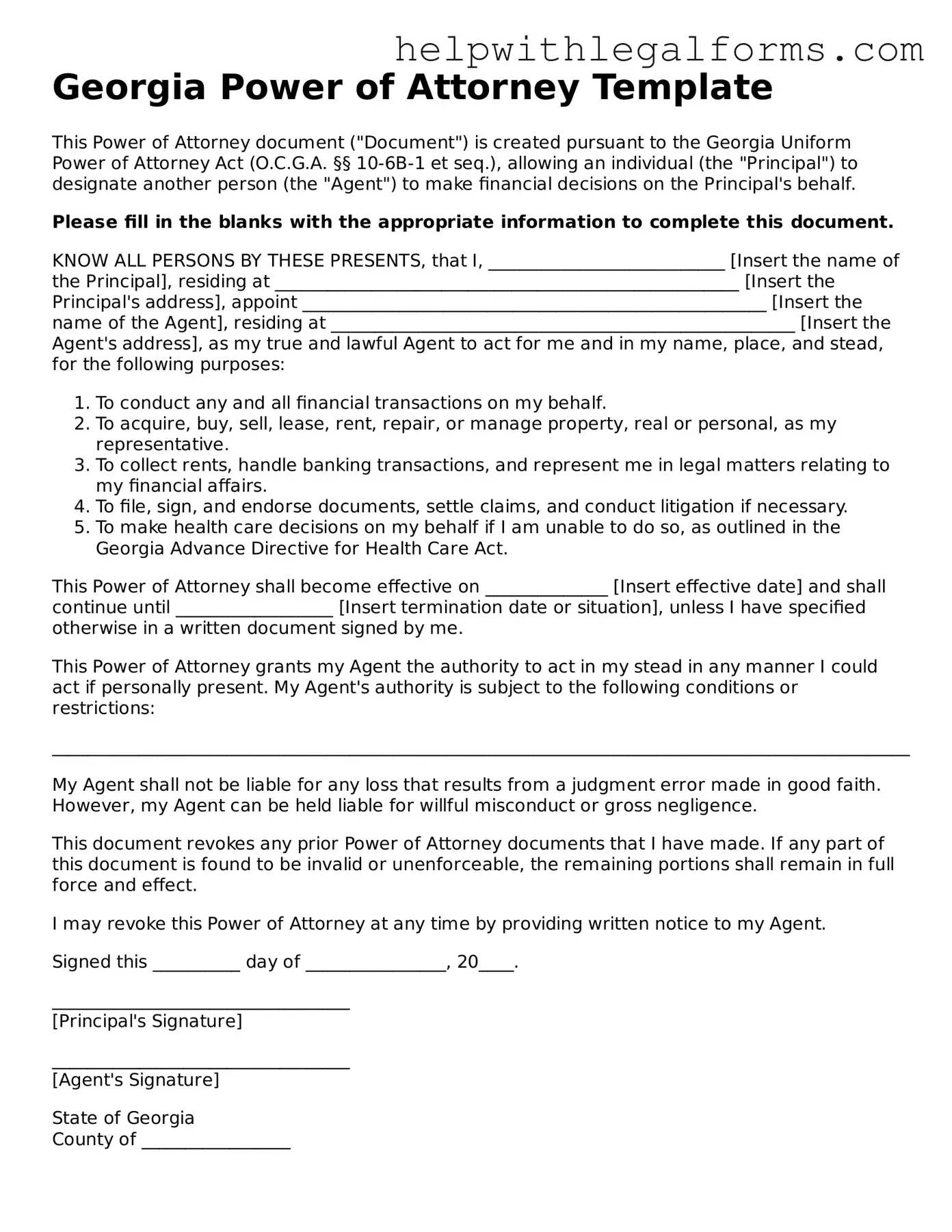 Blank  Power of Attorney Form for Georgia