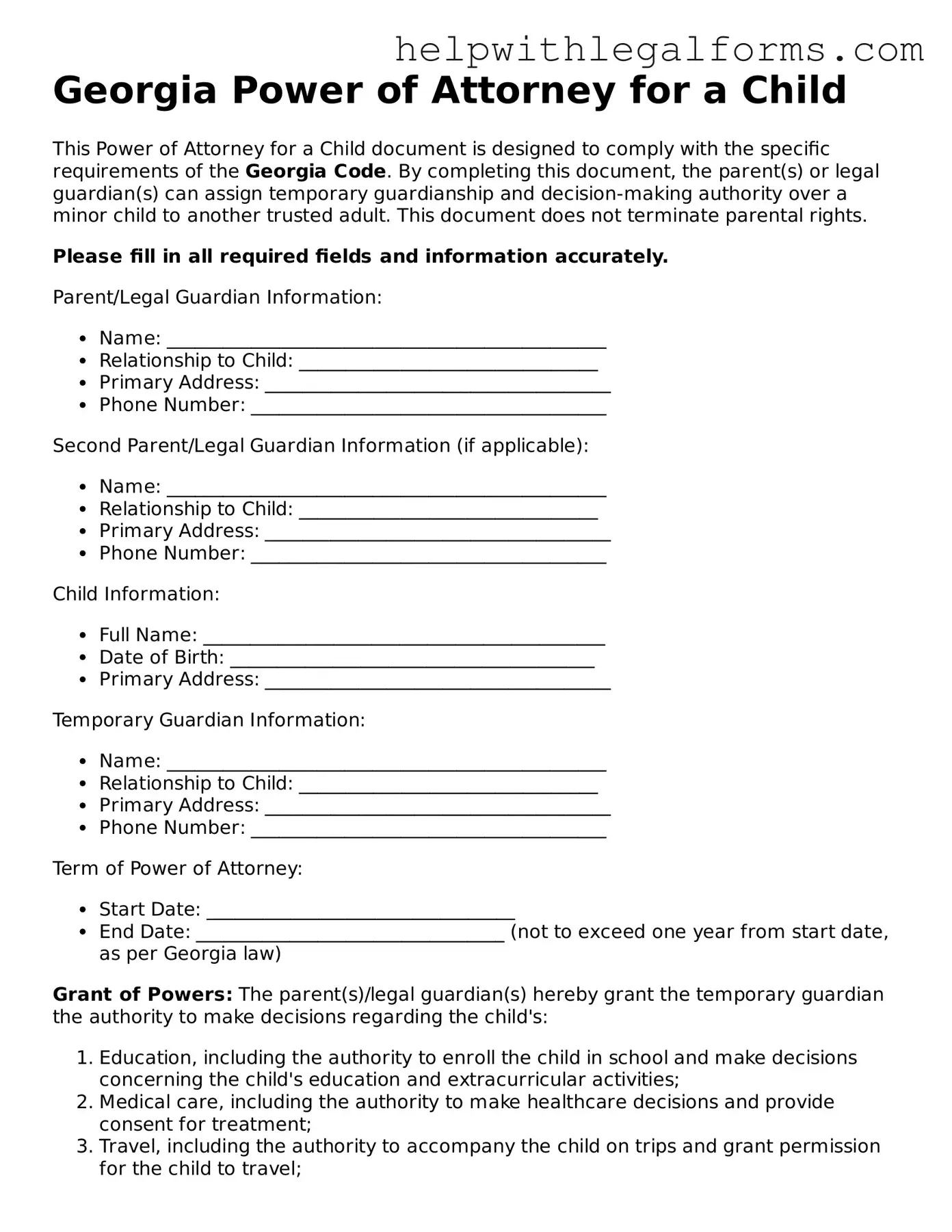 Blank  Power of Attorney for a Child Form for Georgia