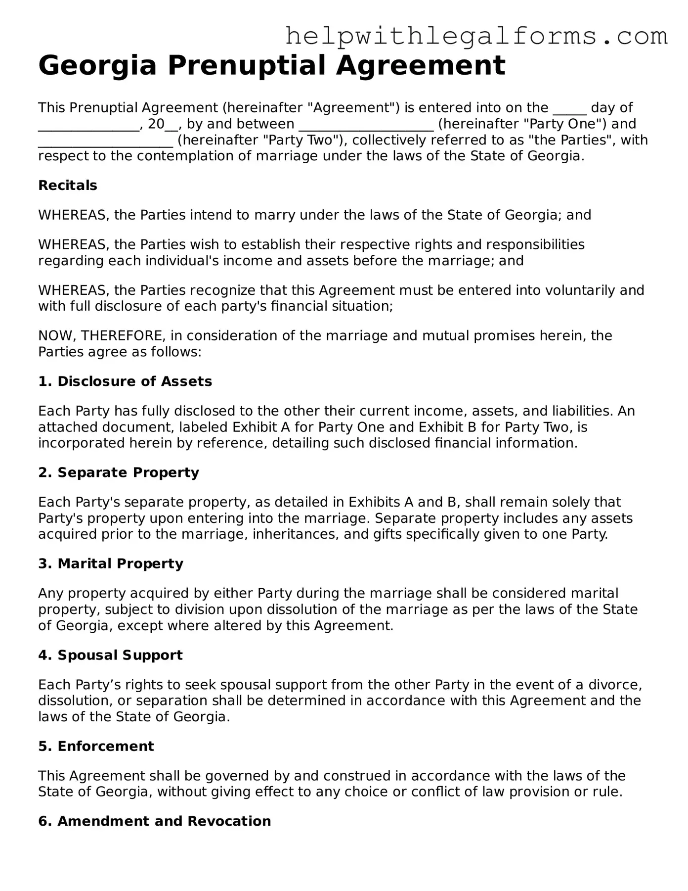 Blank  Prenuptial Agreement Form for Georgia