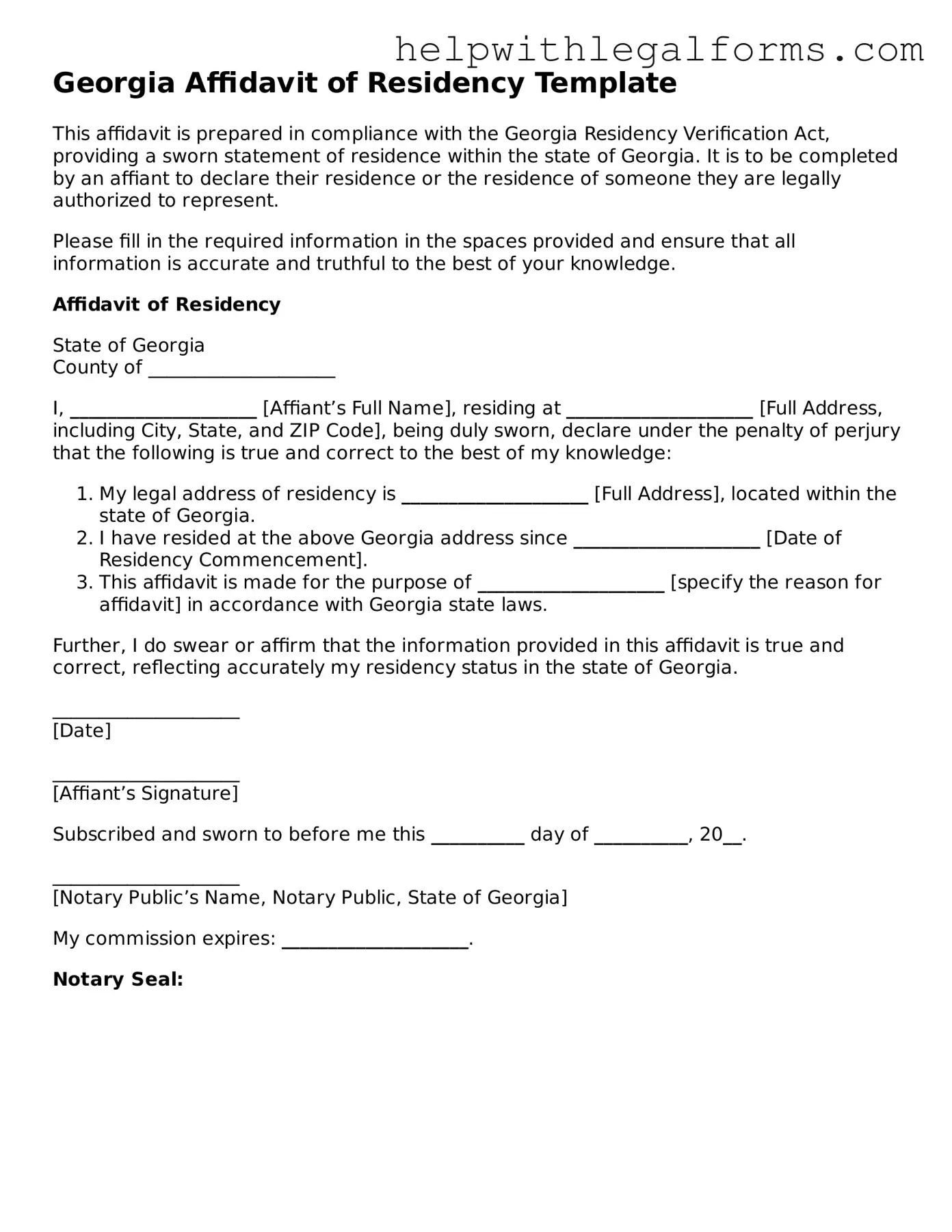 Blank  Affidavit of Residency Form for Georgia